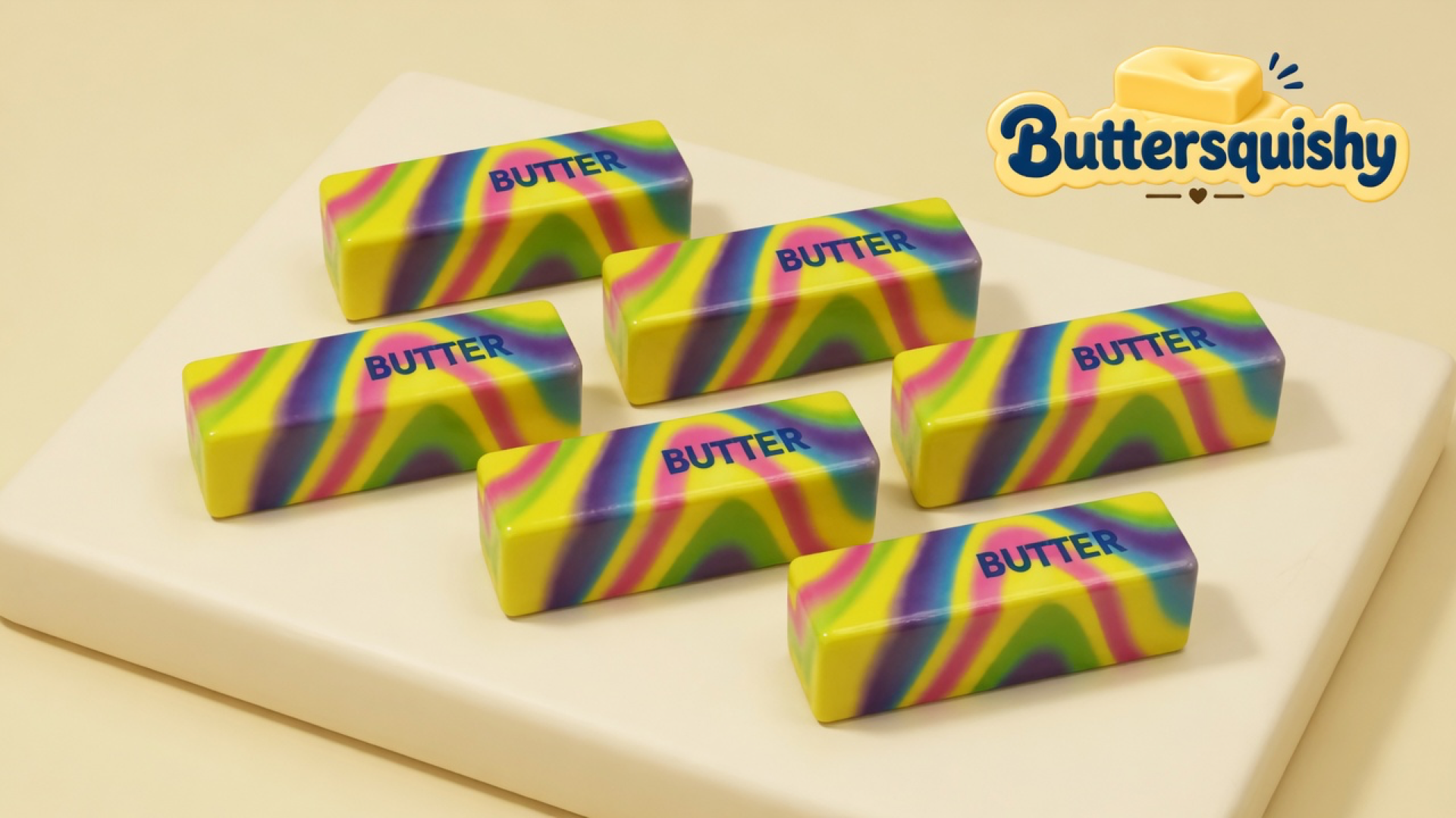Six rectangular neon-swirl butter sticks with navy BUTTER print on a light-yellow cream studio, Buttersquishy logo in the upper right