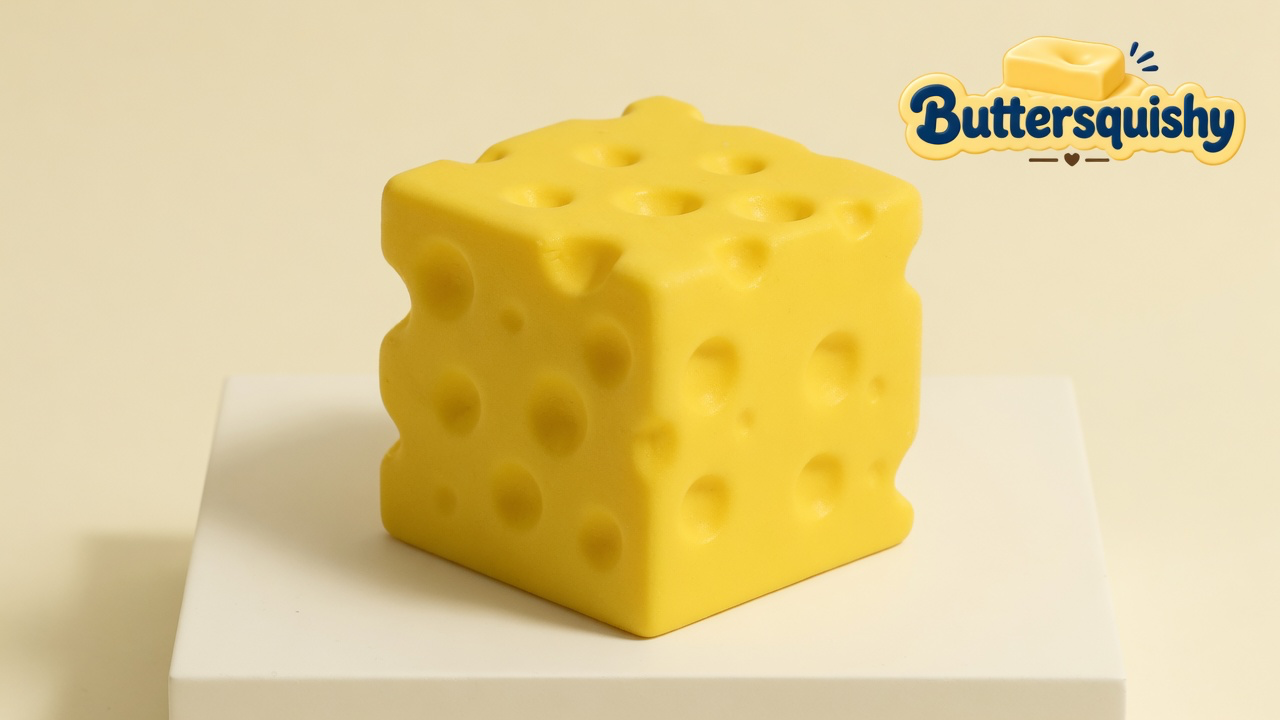 One yellow Cheese Cube Loaf with mixed-size holes on a light-yellow cream studio block, Buttersquishy logo in the upper right
