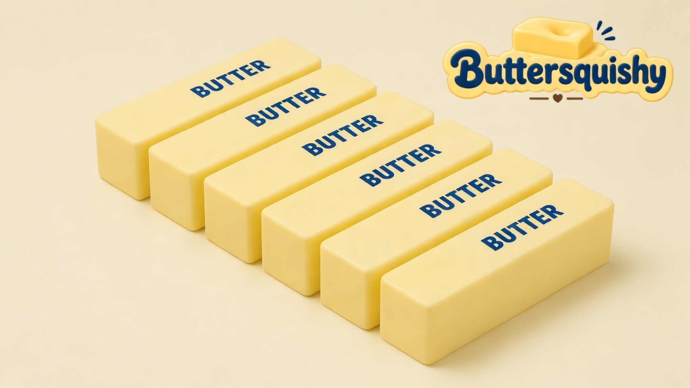 Five pale-yellow rectangular butter sticks printed BUTTER on a light-yellow cream studio, Buttersquishy logo in the upper right