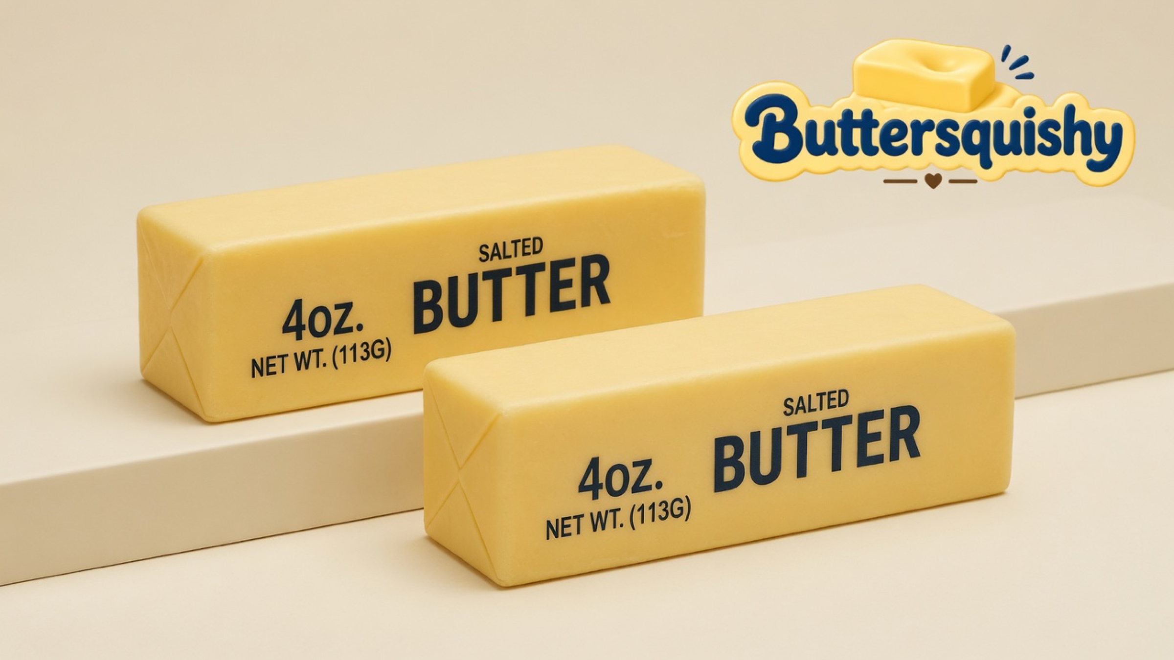 Two pale yellow SALTED BUTTER stick squishies on a stepped light-yellow cream studio platform, Buttersquishy logo in the upper right