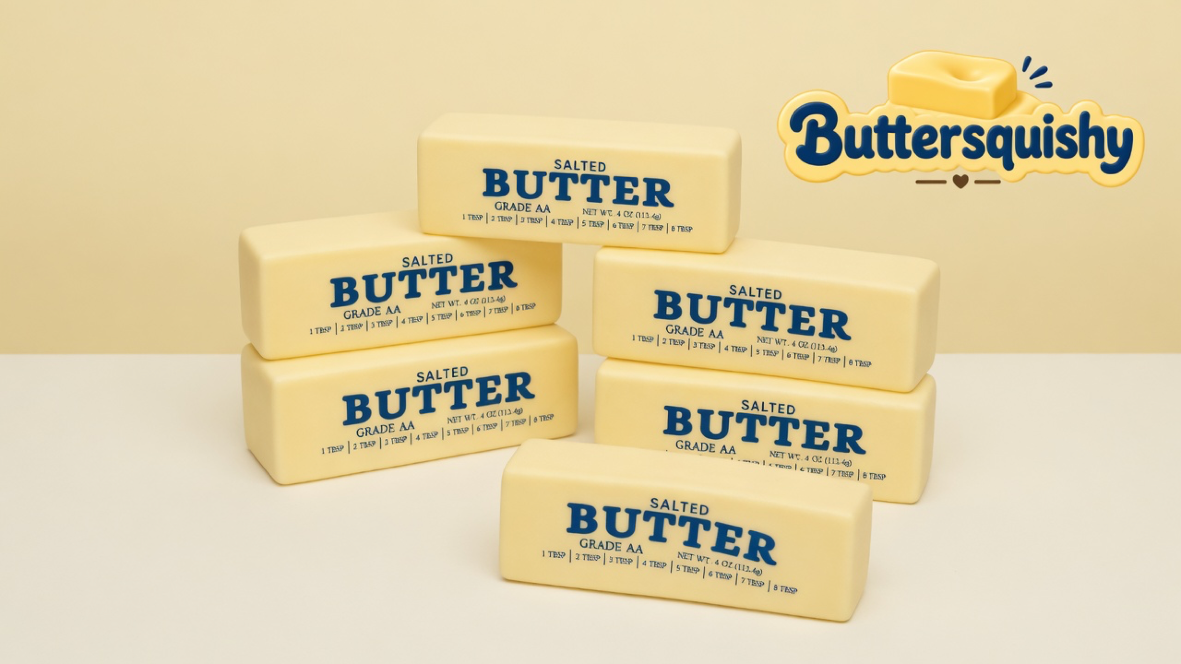 Six pale-yellow Jumbo Butter Loaf sticks printed SALTED BUTTER GRADE AA on a light-yellow cream studio table, Buttersquishy logo in the upper right