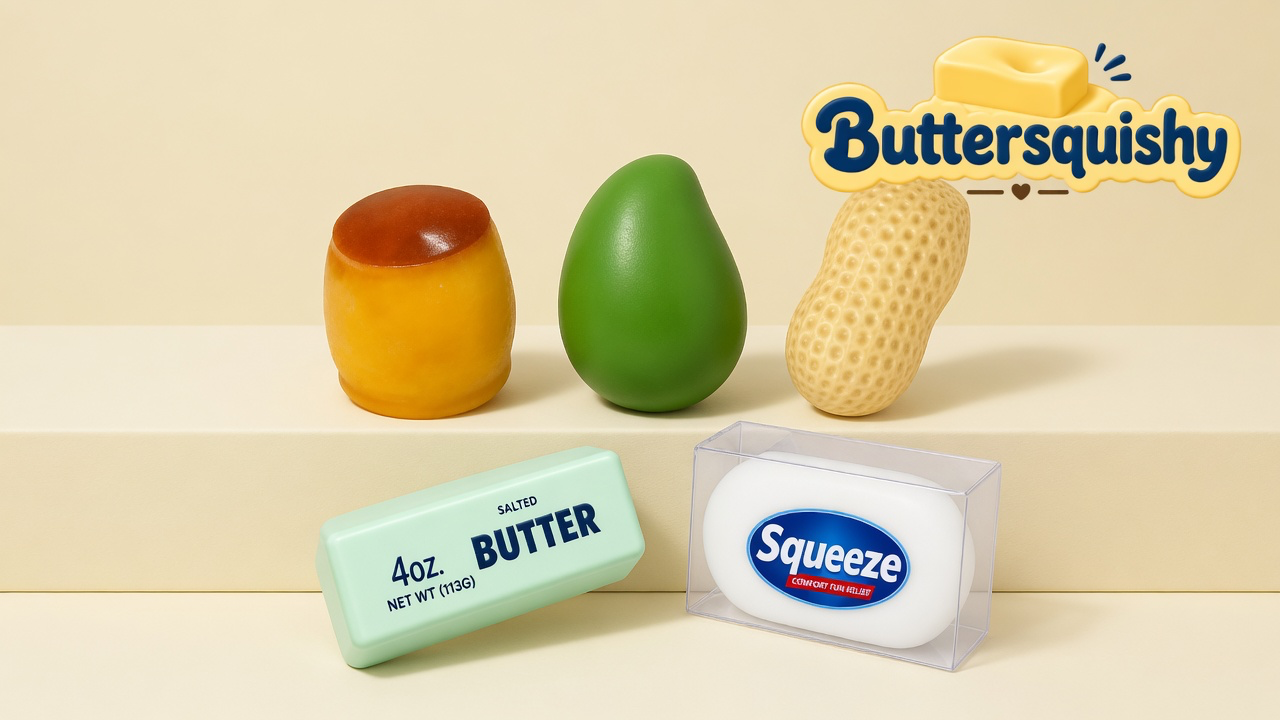 Five Mixed Butter Pack toys — a caramel-top cup, a plain green mango egg, a dimpled peanut, a mint SALTED BUTTER stick, and a boxed Squeeze soap — on a light-yellow cream studio, Buttersquishy logo in the upper right