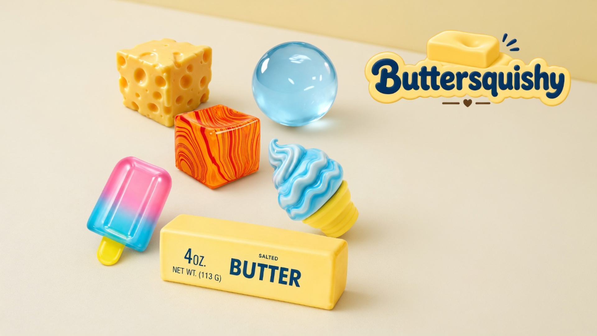 Mixed Butter Pack still-life — yellow hole-face cube, blue sphere, orange wood-grain cube, gradient popsicle, blue swirl cone, and a pale SALTED BUTTER stick — on a light-yellow cream studio, Buttersquishy logo in the upper right