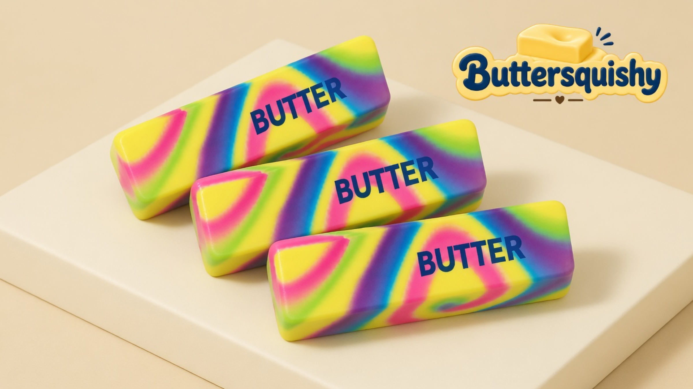 Three Neon Swirl Butter sticks with melted yellow-pink-purple-lime swirls and navy BUTTER type on a light-yellow cream studio block, Buttersquishy logo in the upper right