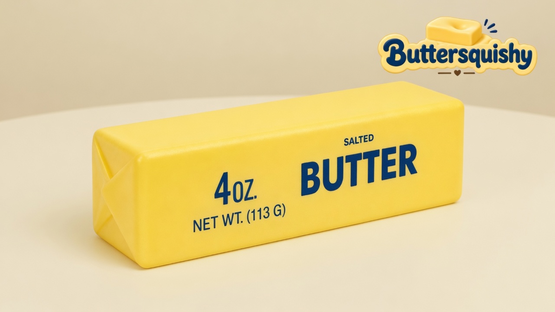 One yellow Classic Butter Stick 4oz with navy SALTED BUTTER type on a light-yellow cream studio table, Buttersquishy logo once in the upper right
