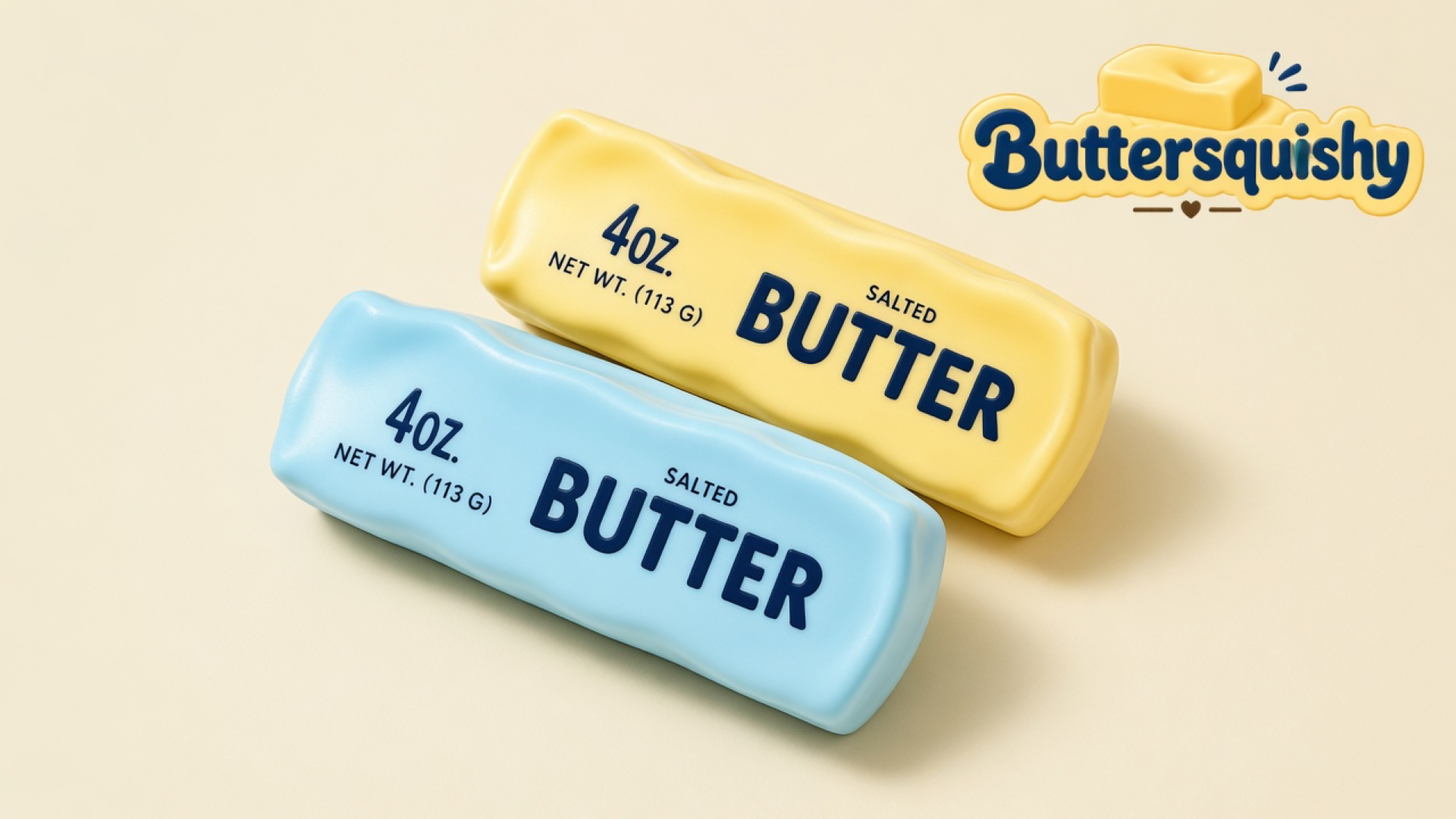 A lemon-yellow SALTED BUTTER loaf and a sky-blue SALTED BUTTER loaf on a light-yellow cream studio, Buttersquishy logo in the upper right