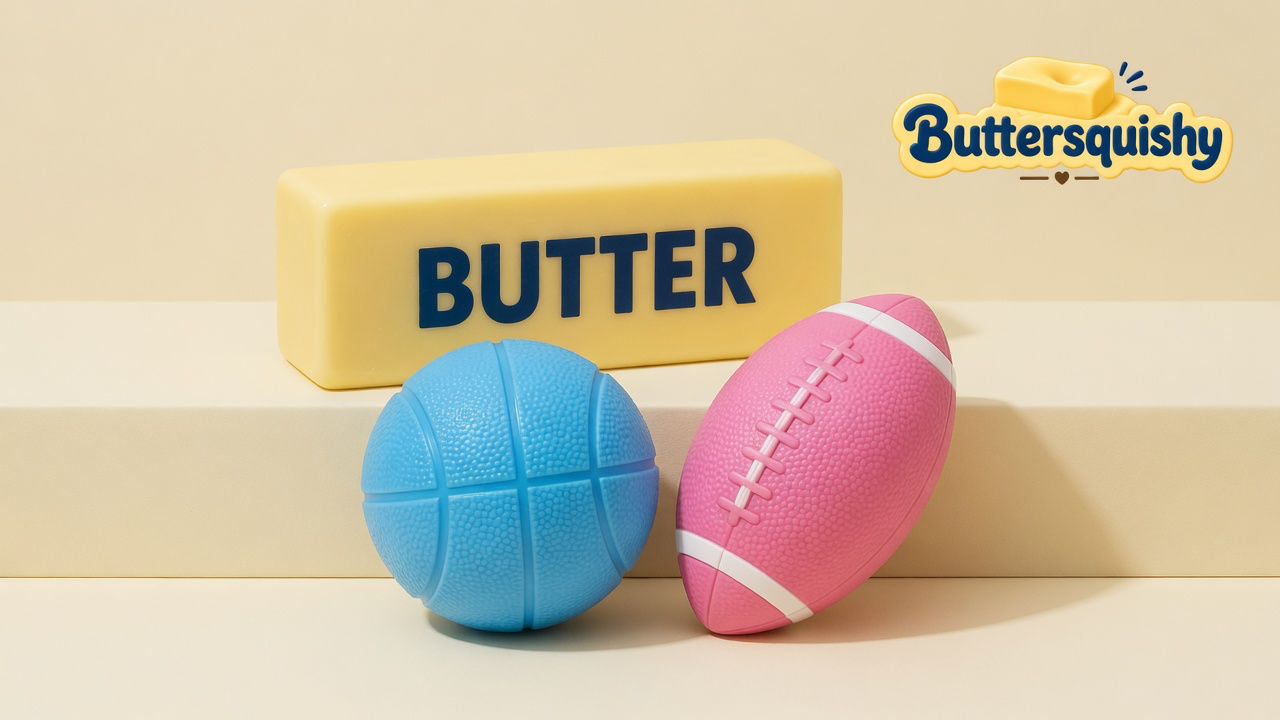 Yellow BUTTER loaf, light-blue pebbled basketball, and pink football with white laces on a light-yellow cream studio, Buttersquishy logo in the upper right
