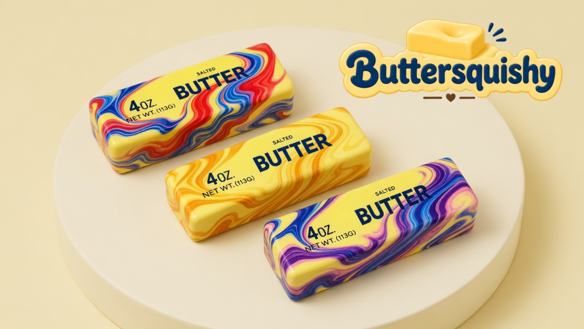 Three Oil-Paint Swirl Butter sticks — yellow SALTED BUTTER faces with red-blue, amber, and purple marble sides — on a light-yellow cream studio, Buttersquishy logo in the upper right