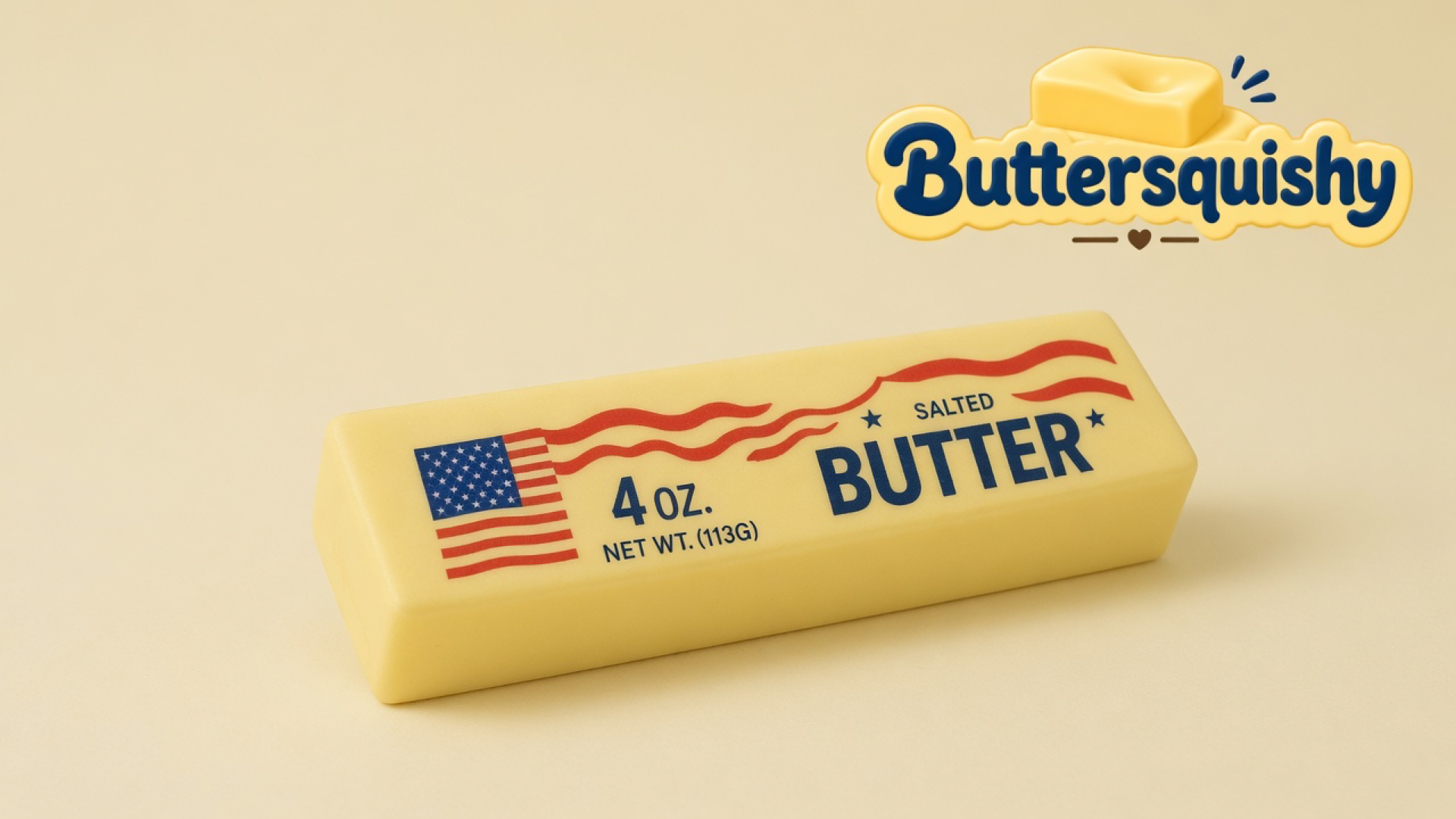 One pale-yellow Stars and Stripes Butter loaf with a printed United States flag, navy 4 OZ type, and red waves on a light-yellow cream studio, Buttersquishy logo once in the upper right