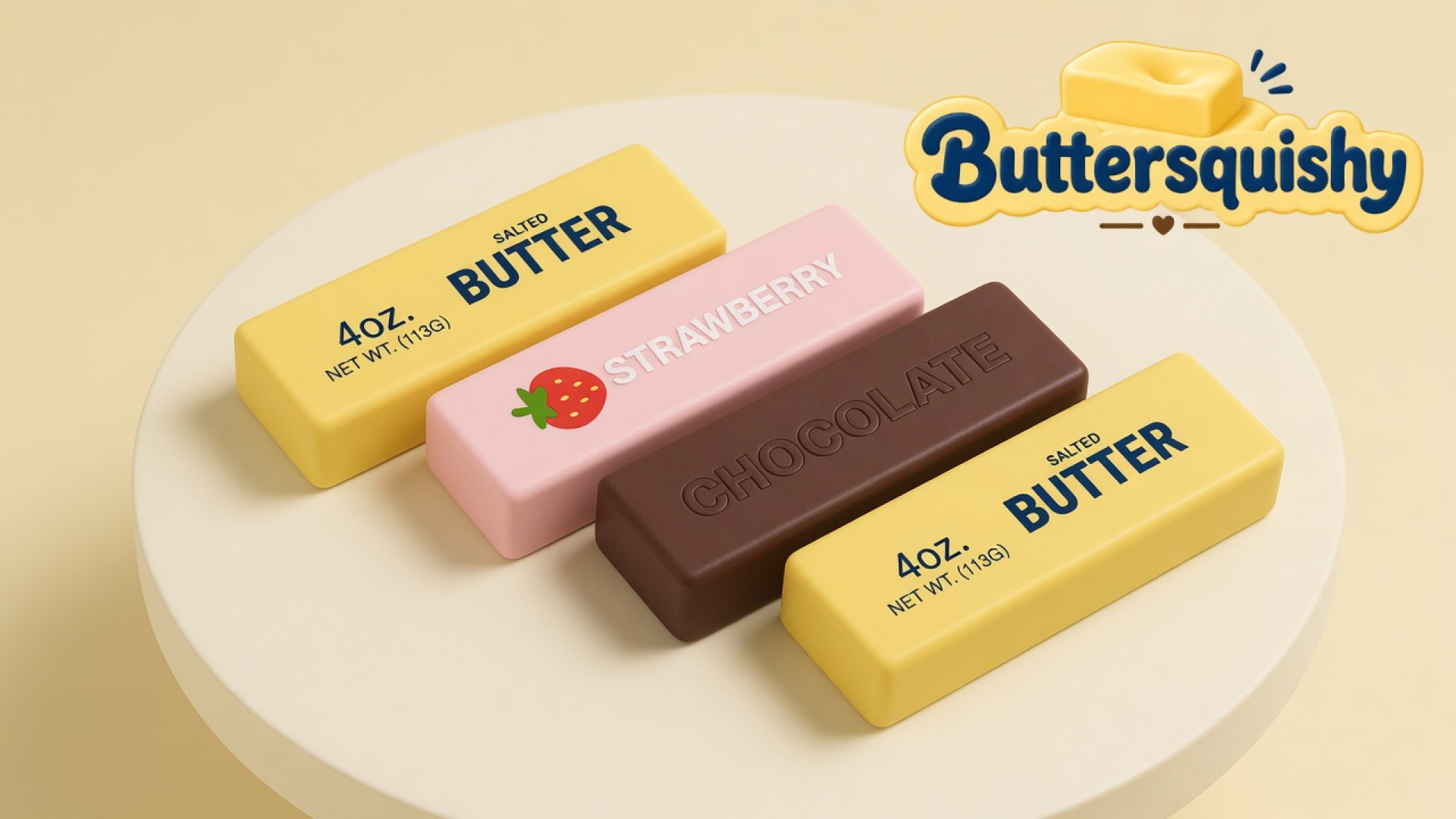 Four Strawberry Chocolate Butter sticks — two yellow SALTED BUTTER loaves, one pink STRAWBERRY loaf, and one brown CHOCOLATE loaf — on a light-yellow cream studio, Buttersquishy logo in the upper right