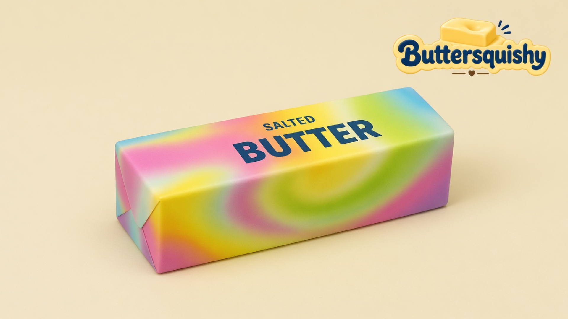 A single pastel pink-yellow-lime-lavender Swirl Mix Butter stick with navy SALTED BUTTER type on a cream studio table, Buttersquishy logo once at upper right