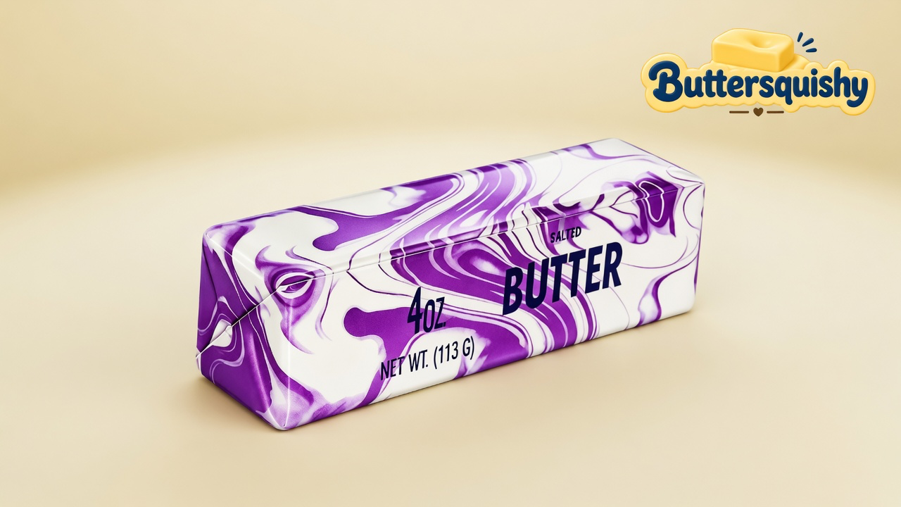 One white-and-violet marble butter loaf with navy 4oz SALTED BUTTER type on a light-yellow cream studio, Buttersquishy logo in the upper right