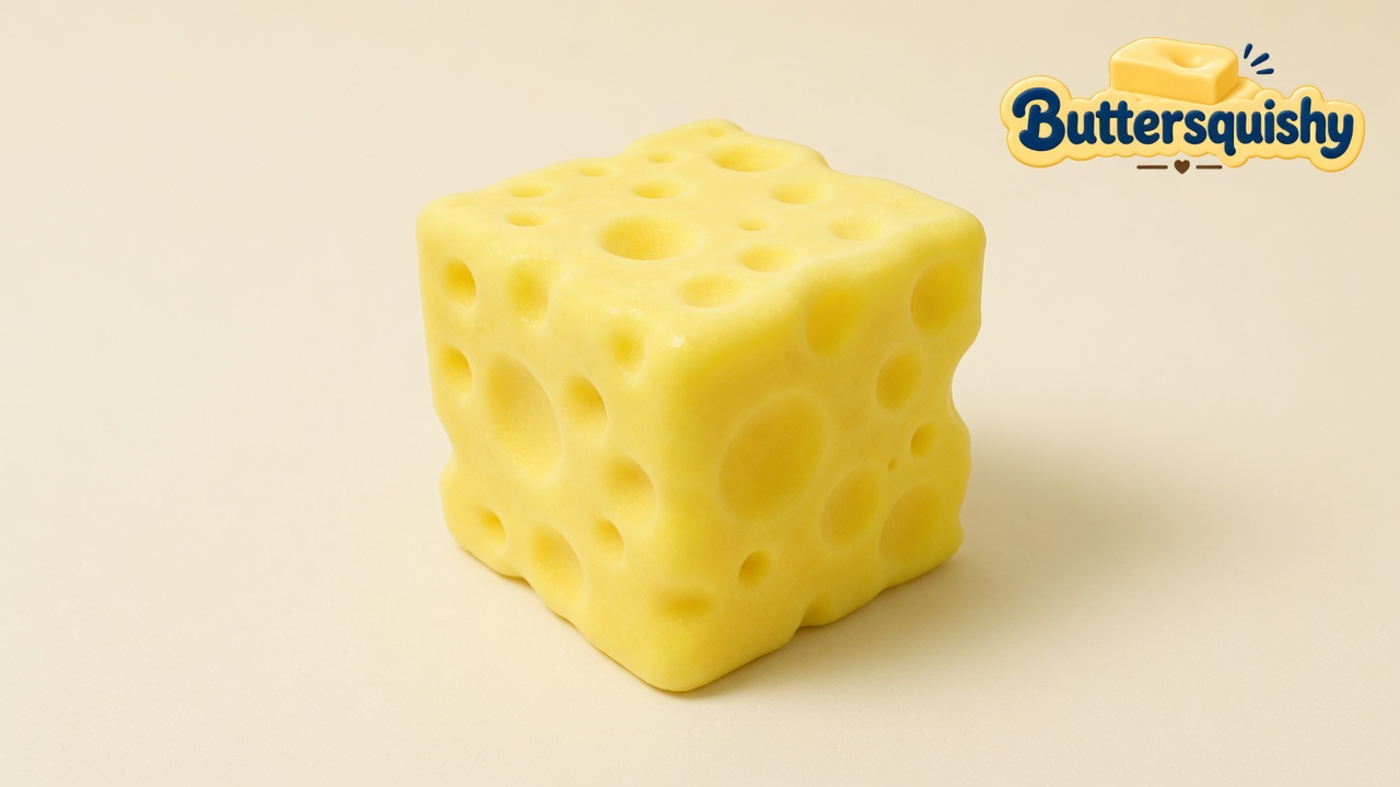 Yellow Cheese Cube Loaf with mixed-size holes on a cream studio, Buttersquishy logo at upper right
