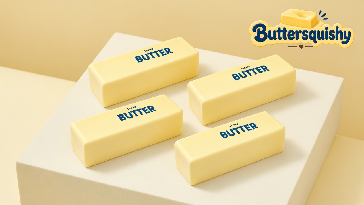 Four pale-yellow Classic Butter Stick loaves printed SALTED BUTTER on a light-yellow cream studio, Buttersquishy logo at upper right