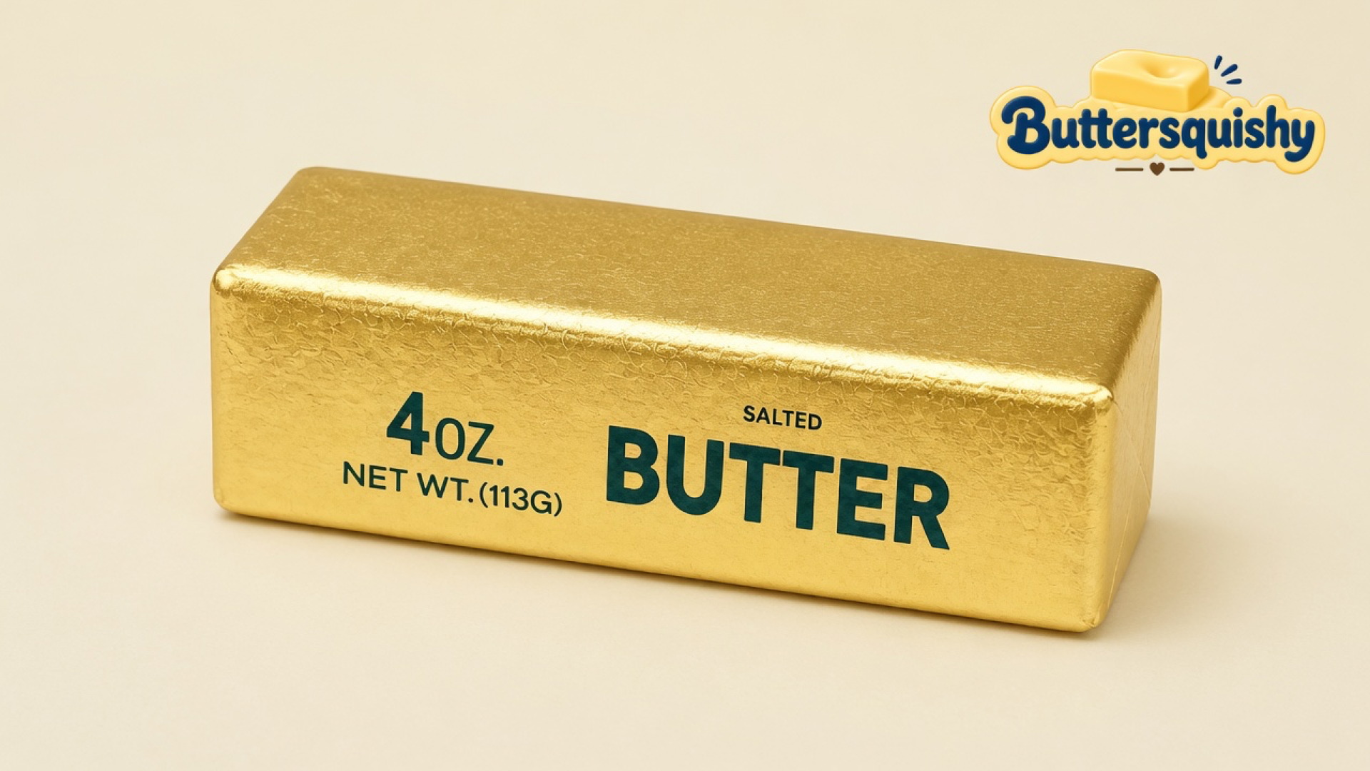 One metallic gold-foil Golden Butter Stick printed 4OZ. NET WT.(113G) SALTED BUTTER on a light-yellow cream studio, Buttersquishy logo in the upper right