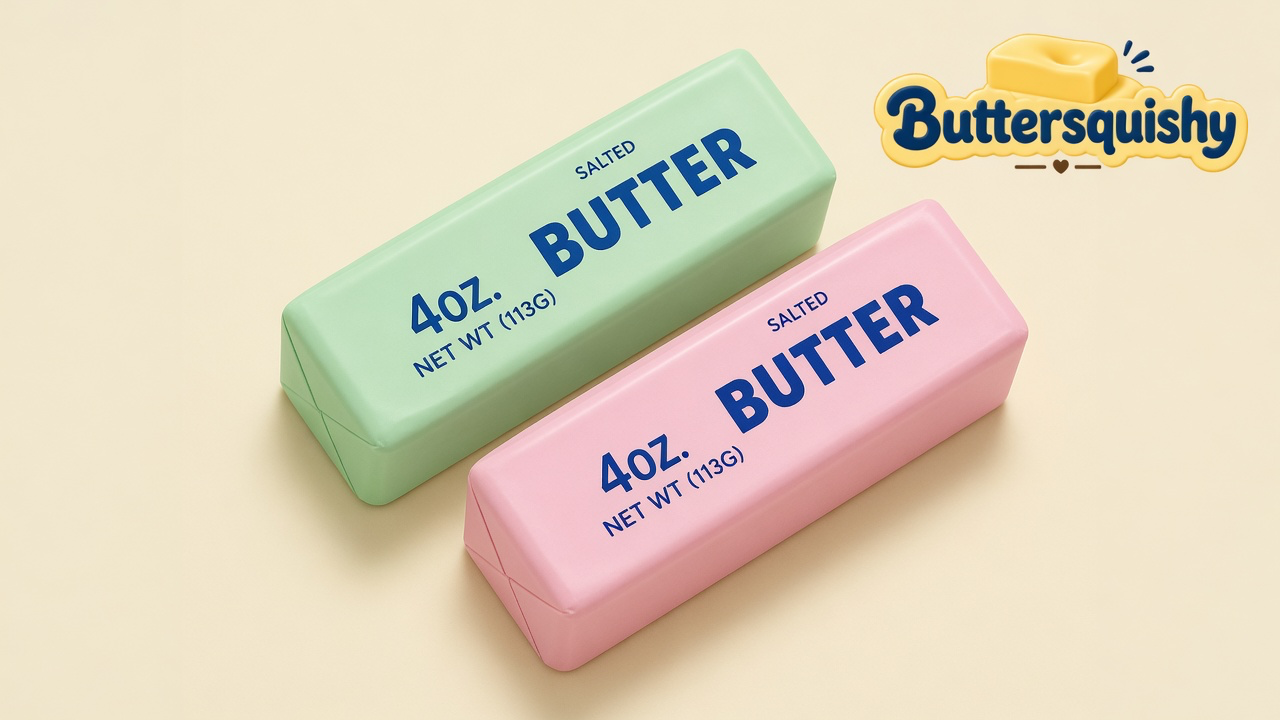 Pale mint-green and pink Mint Berry Crunch Butter sticks printed 4OZ SALTED BUTTER on a light-yellow cream studio, Buttersquishy logo at upper right