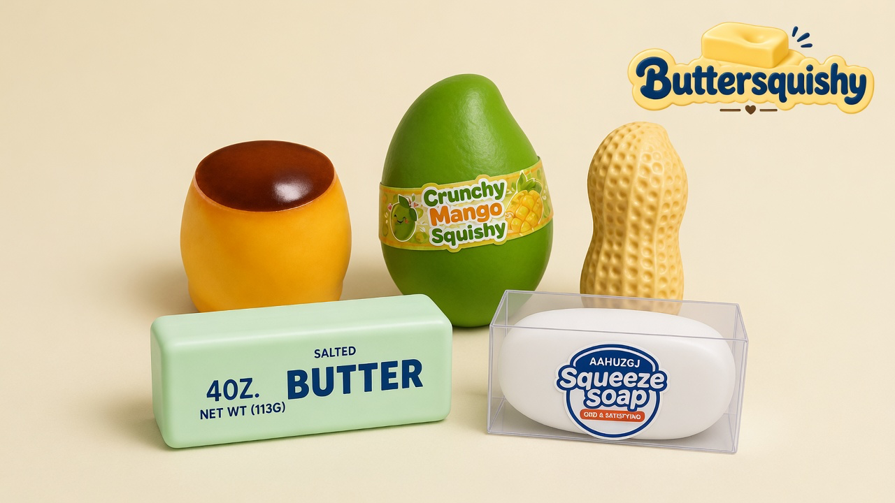 Five Mixed Butter Pack toys — caramel cup, green mango, ridged peanut, mint salted-butter stick, and boxed Squeeze soap — on a light-yellow cream studio, Buttersquishy logo at upper right