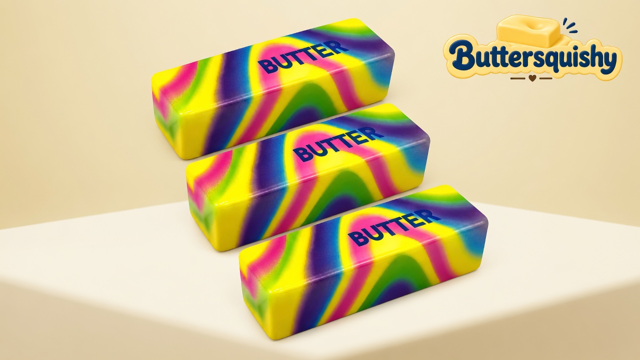 Three Neon Swirl Butter sticks with melted yellow-pink-purple-lime swirls and navy BUTTER type on a light-yellow cream studio, Buttersquishy logo in the upper right