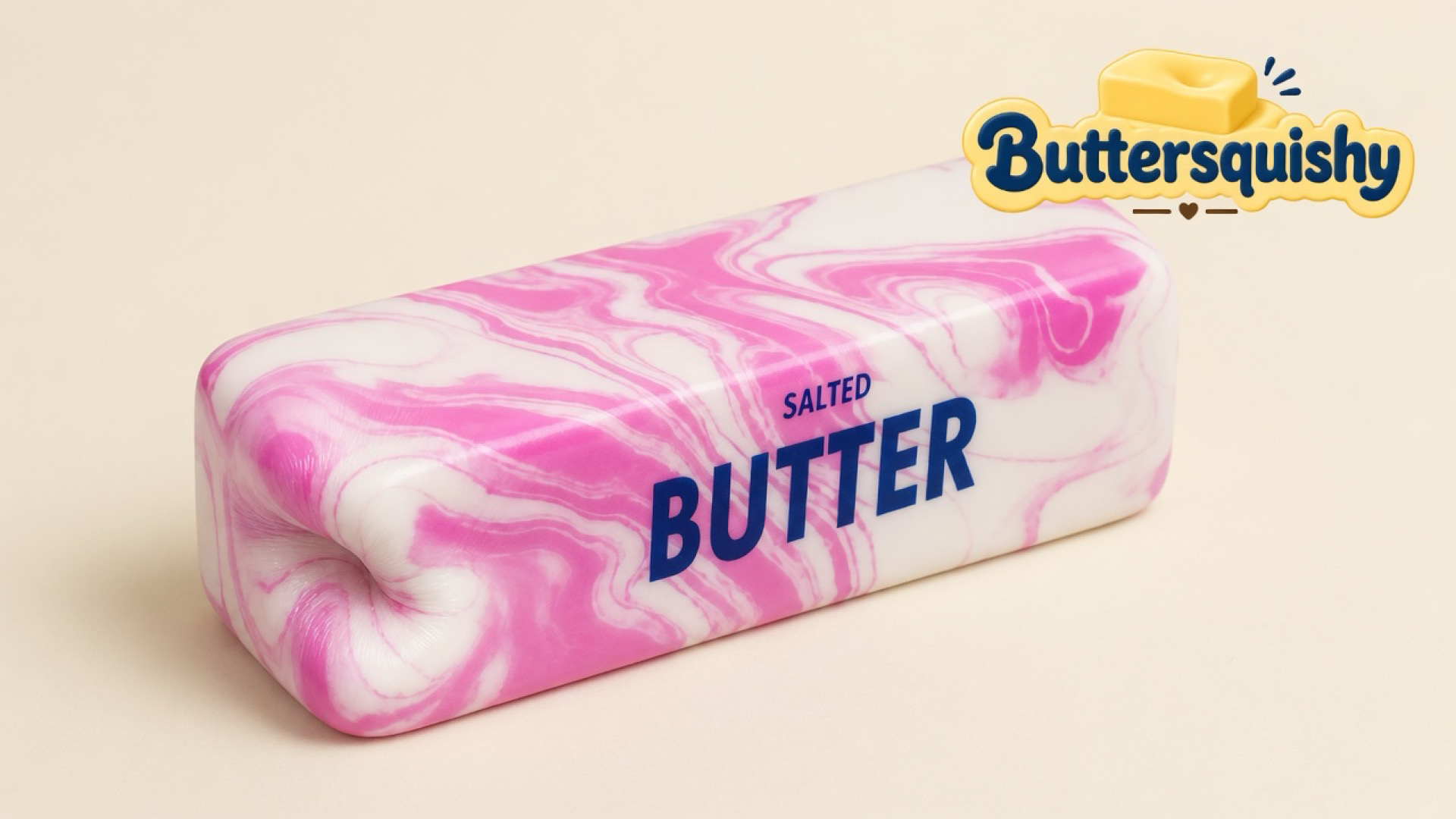 One pink-and-white marble Pink Marble Butter stick printed SALTED BUTTER on a light-yellow cream studio, Buttersquishy logo in the upper right