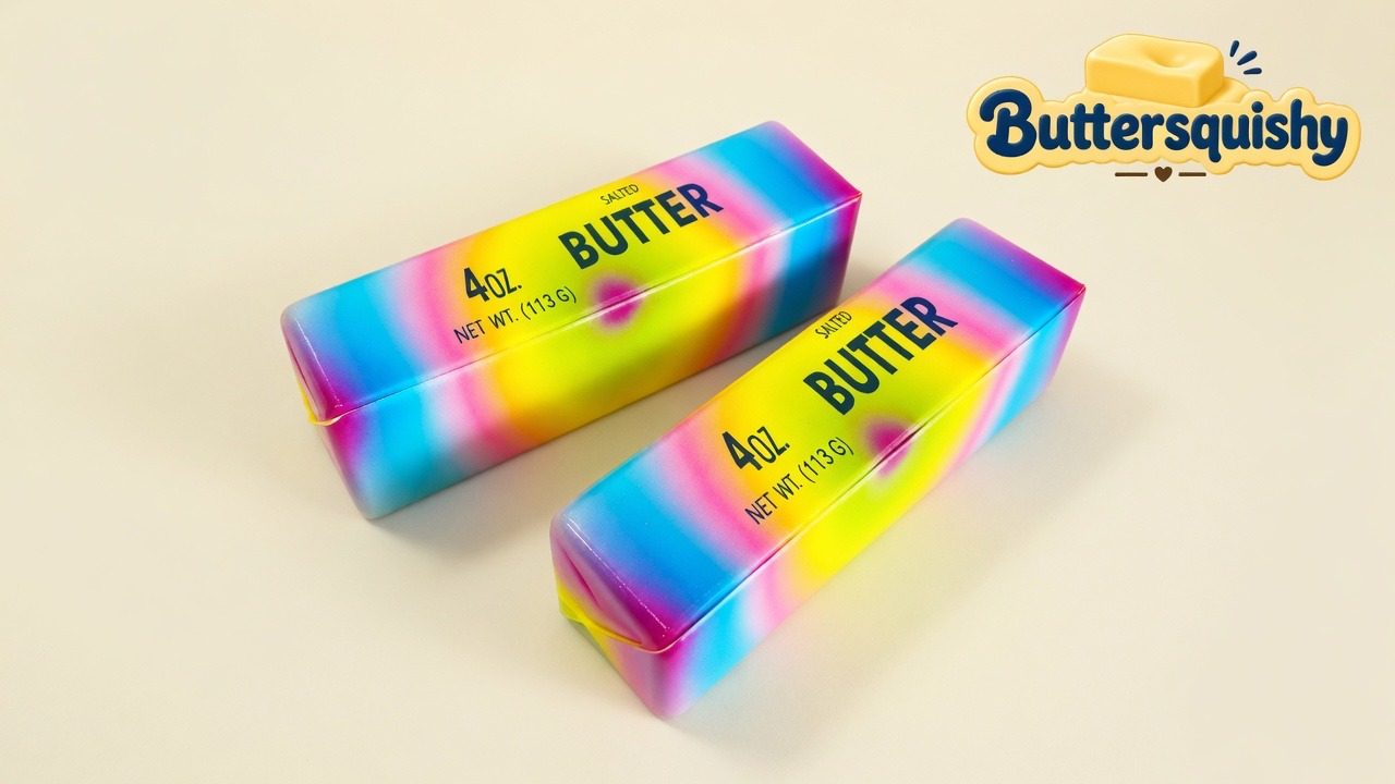 Two Candy Gradient Butter loaves with rainbow wraps and navy SALTED BUTTER type on a light-yellow cream studio, Buttersquishy logo in the upper right
