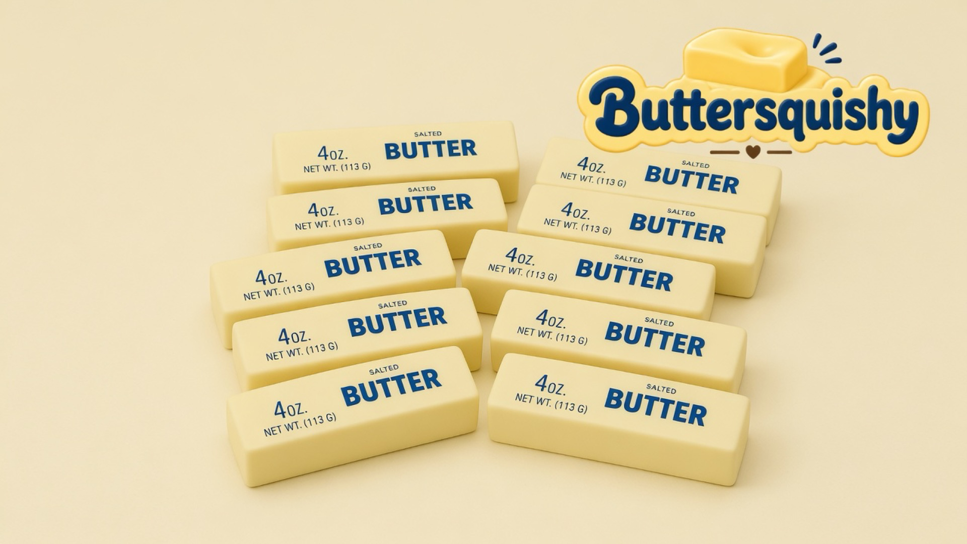 Ten pale yellow SALTED BUTTER stick squishies on a light-yellow cream studio, Buttersquishy logo in the upper right