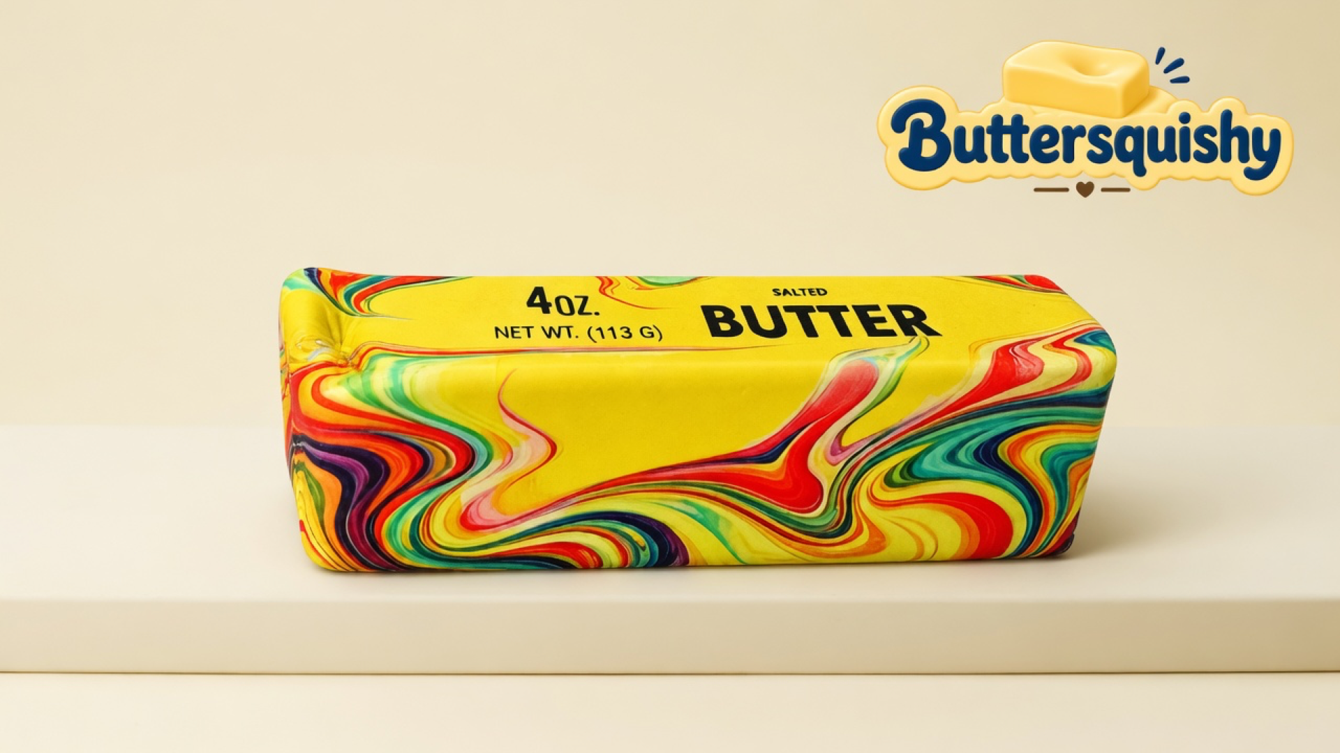 One Oil-Paint Swirl Butter loaf with a yellow SALTED BUTTER face and oil-paint marble sides on a light-yellow cream studio, Buttersquishy logo in the upper right