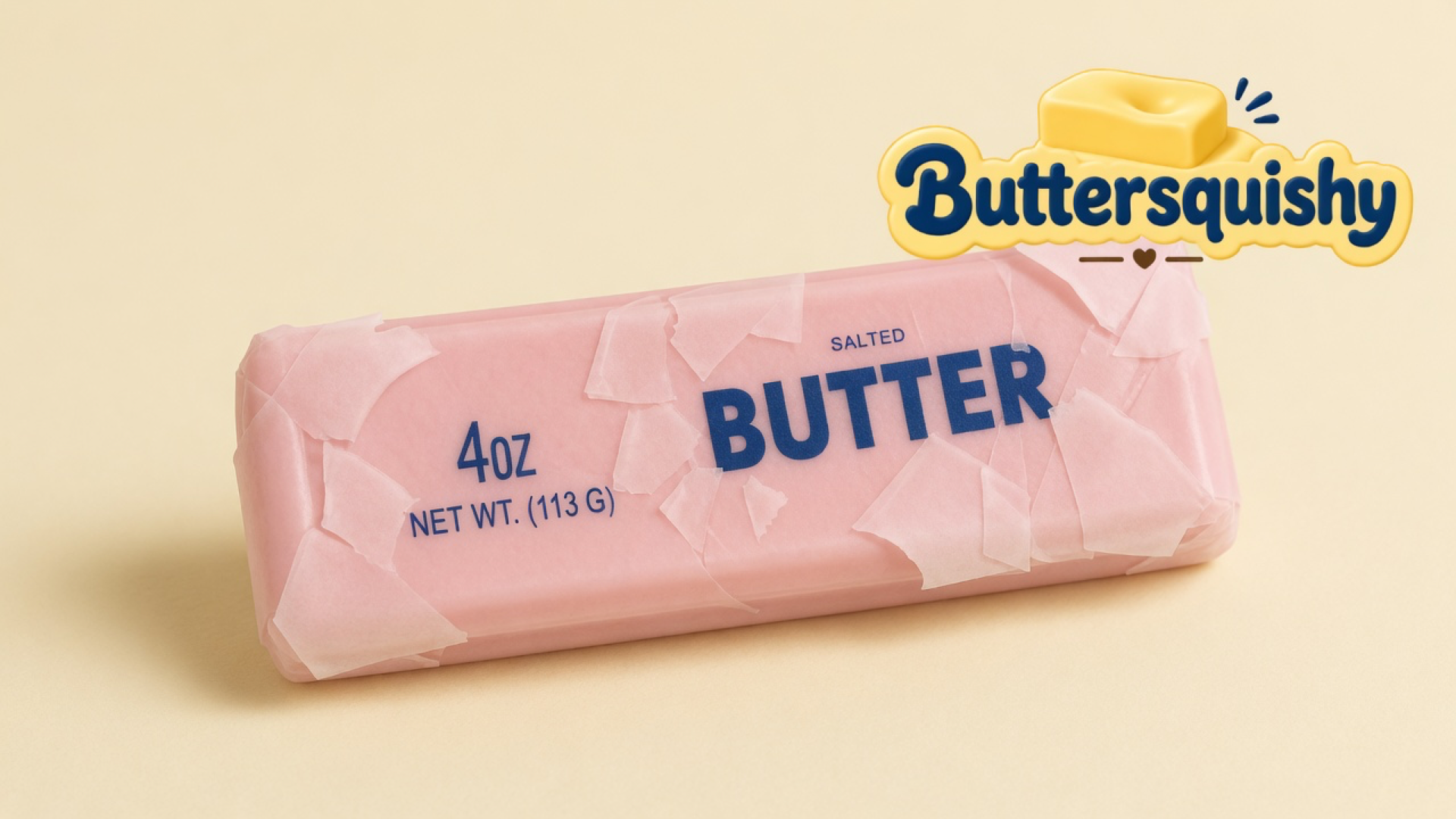 Candy-pink SALTED BUTTER stick with crinkled wrapper shards on a light-yellow cream studio, Buttersquishy logo in the upper right