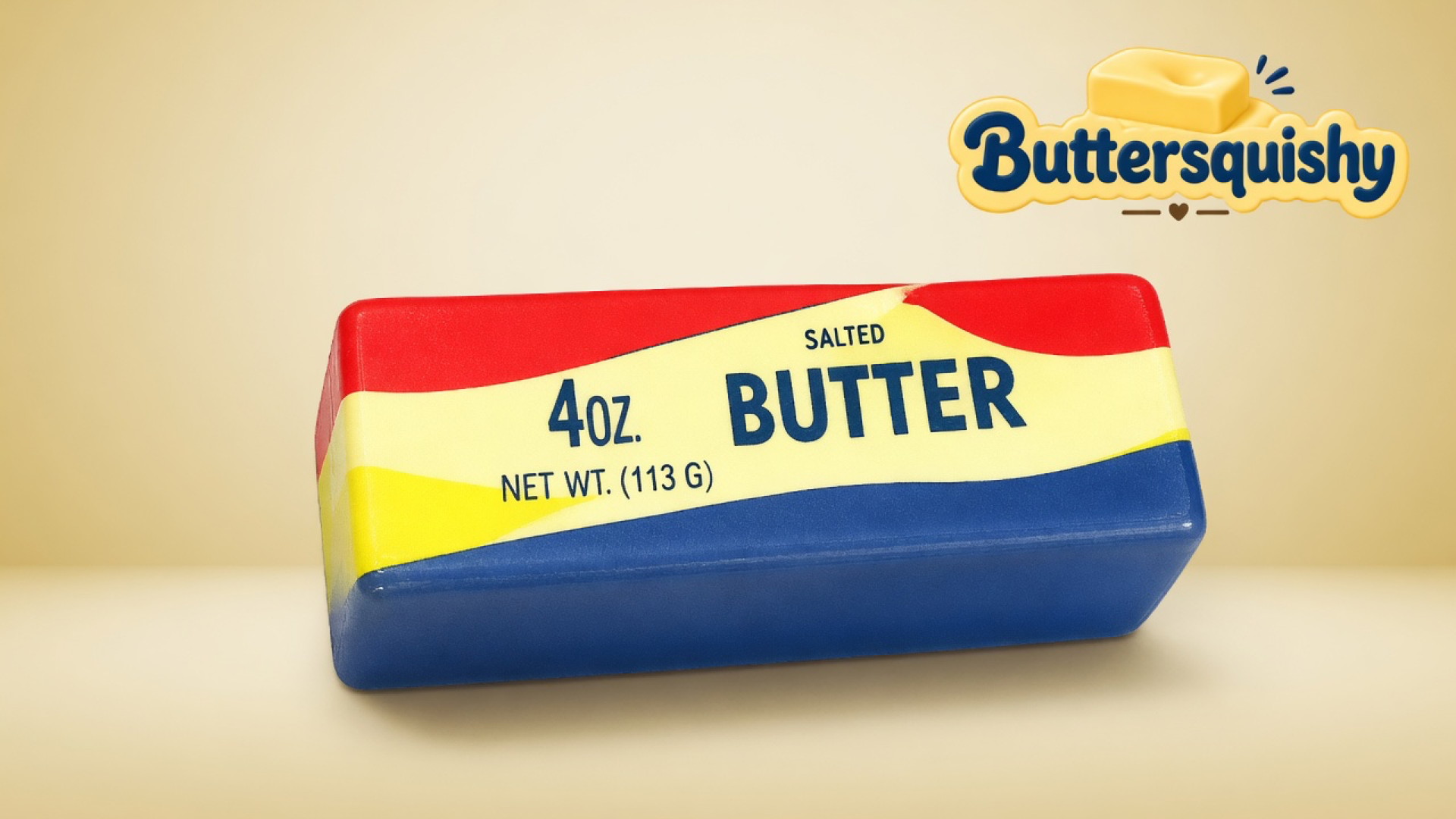 One Rainbow Stripe Butter loaf with red, yellow, and blue bands and navy SALTED BUTTER type on a light-yellow cream studio, Buttersquishy logo in the upper right