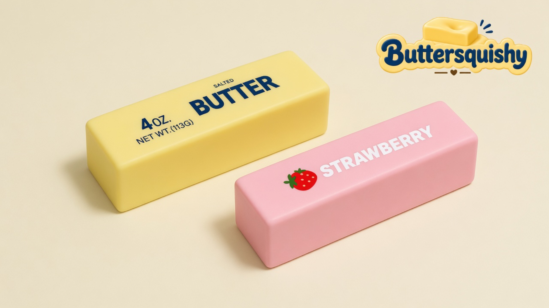 Pale yellow SALTED BUTTER loaf and pink STRAWBERRY loaf on a light-yellow cream studio background, Buttersquishy logo in the upper right