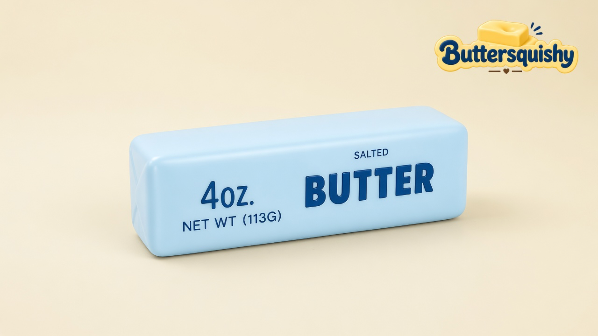 Pale baby-blue Blue Butter Stick loaf printed 4OZ and SALTED BUTTER on a light-yellow cream studio, Buttersquishy logo in the upper right