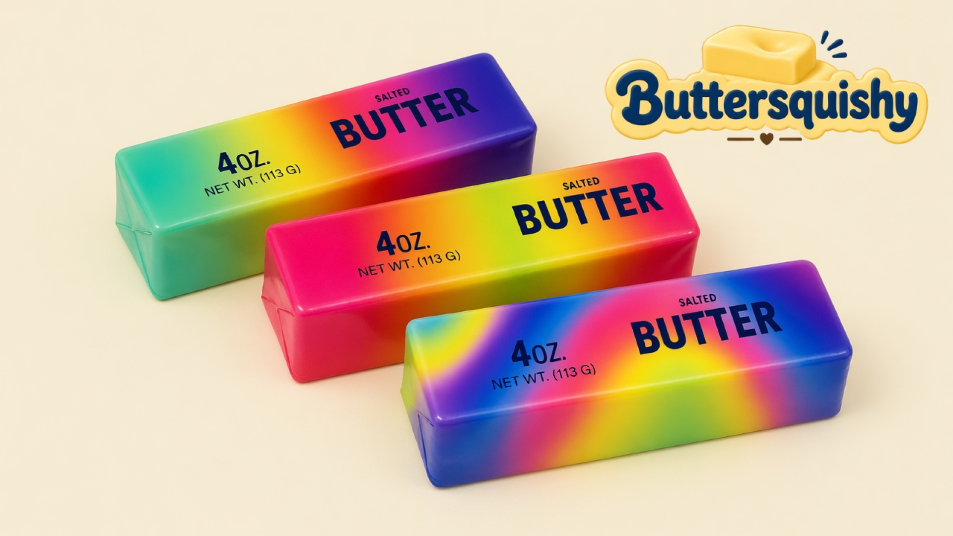 Three rectangular Candy Gradient Butter loaves with cyan-to-violet, magenta-to-lemon, and blue-swirl wraps plus navy SALTED BUTTER type on a light-yellow cream studio, Buttersquishy logo in the upper right