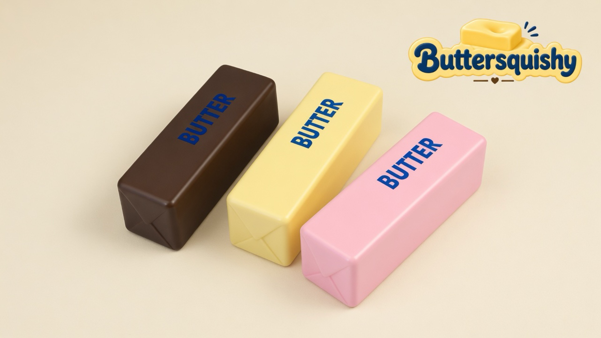 Three rectangular Chocolate Berry Butter loaves in chocolate brown, pale yellow, and berry pink with navy BUTTER type on a light-yellow cream studio, Buttersquishy logo in the upper right