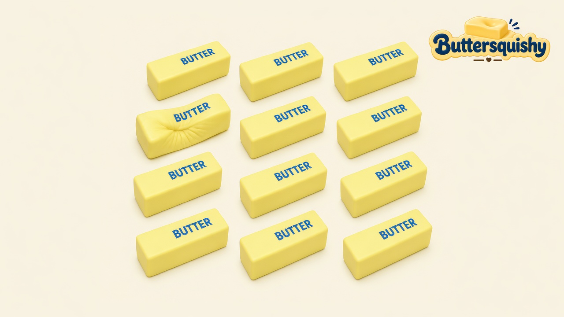 Twelve pale-yellow Classic Butter Stick 4oz loaves printed BUTTER on a light-yellow cream studio, one loaf wrinkled, Buttersquishy logo in the upper right
