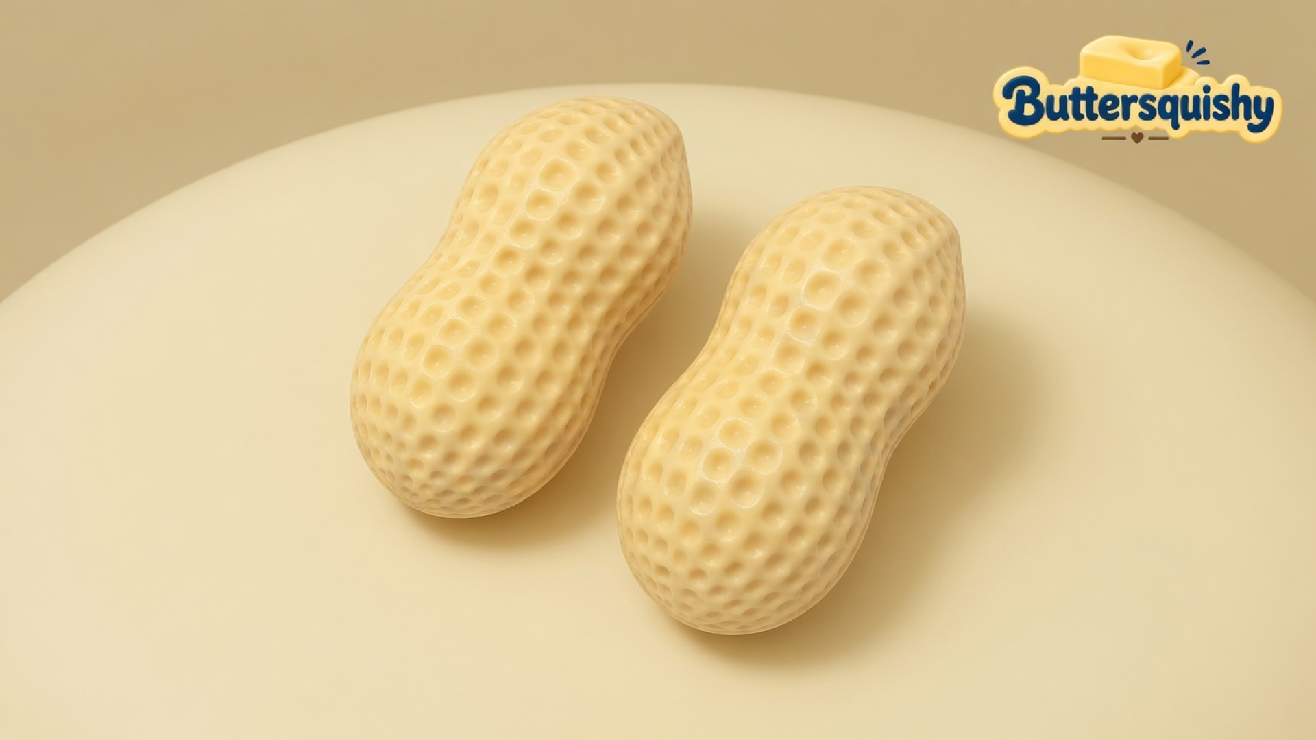 Two pale yellow dimpled peanut-shell Mixed Butter Pack toys on a light-yellow cream studio, Buttersquishy logo in the upper right