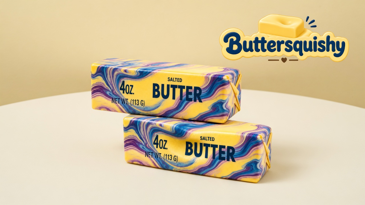 Two Oil-Paint Swirl Butter loaves with yellow SALTED BUTTER faces and blue-purple marble sides on a light-yellow cream studio, Buttersquishy logo in the upper right