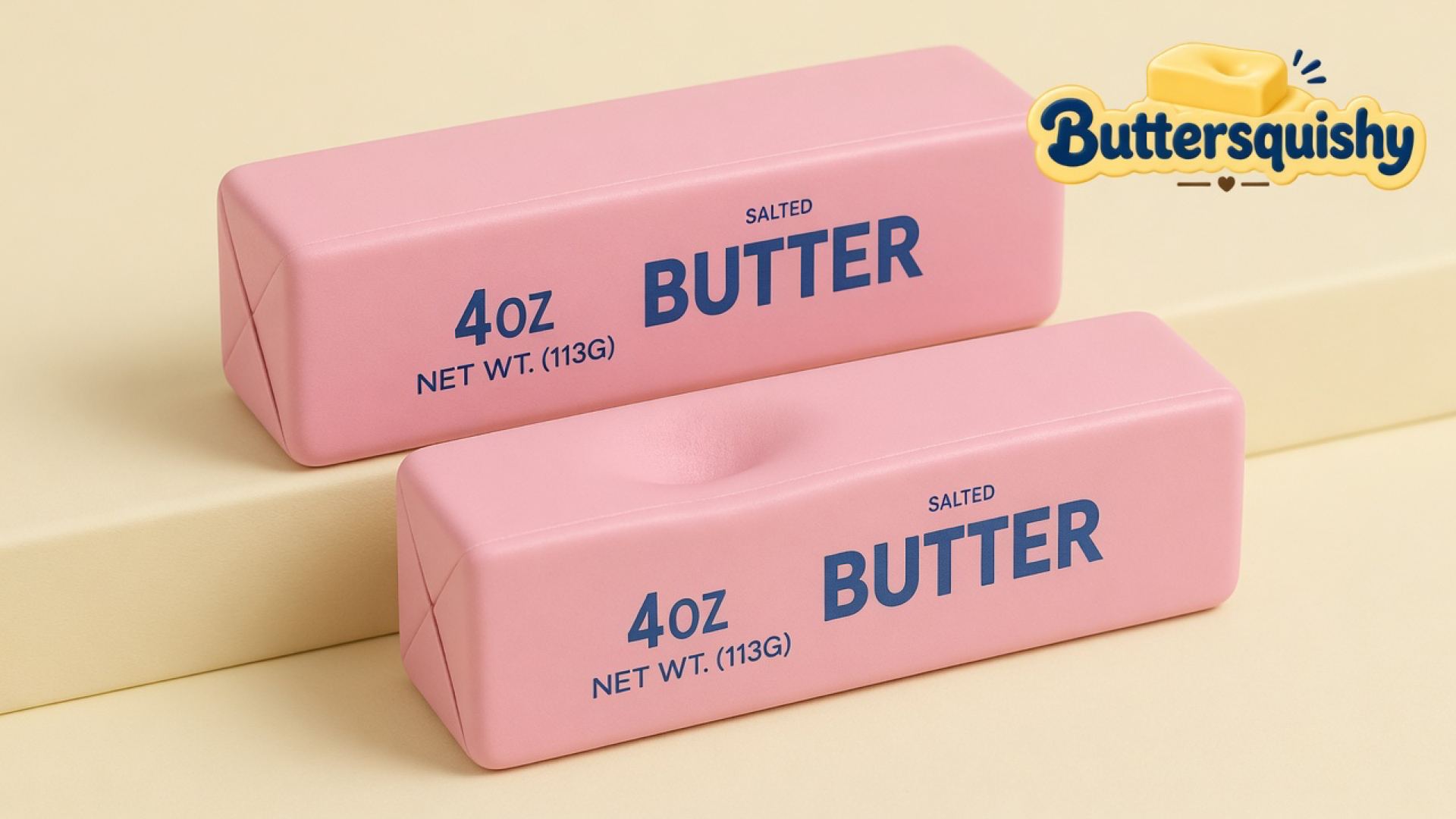 Two candy-pink SALTED BUTTER sticks, one with a thumb dent, on a light-yellow cream studio, Buttersquishy logo in the upper right
