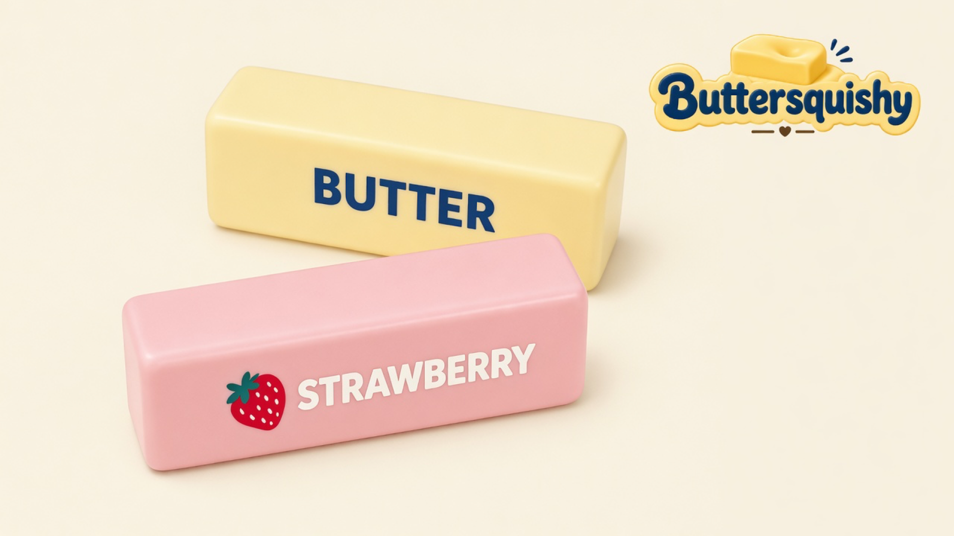 Pale yellow BUTTER loaf and pink STRAWBERRY loaf on a light-yellow cream studio background, Buttersquishy logo in the upper right