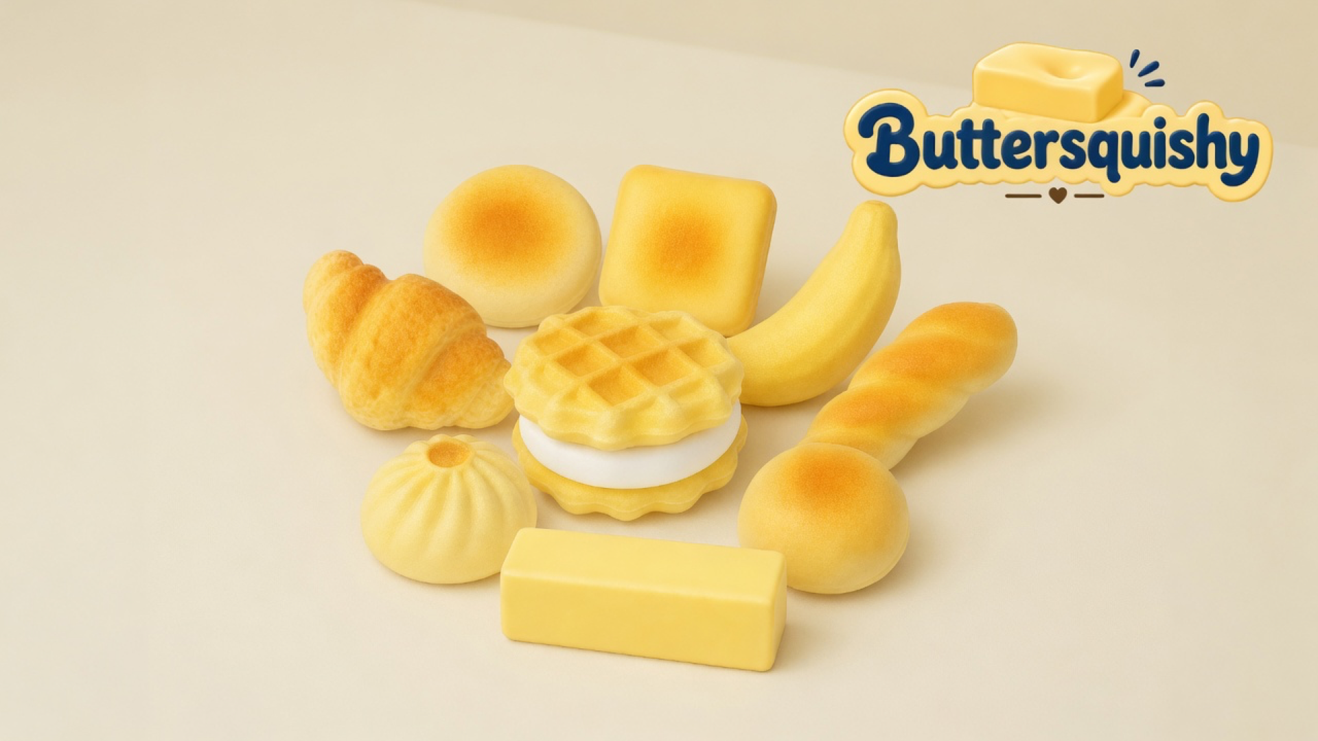 Nine bakery-costume Bread Toast Loaf toys — croissant, two toasted buns, square toast, banana, baguette, waffle sandwich, bao, and a butter brick — on a light-yellow cream studio, Buttersquishy logo in the upper right