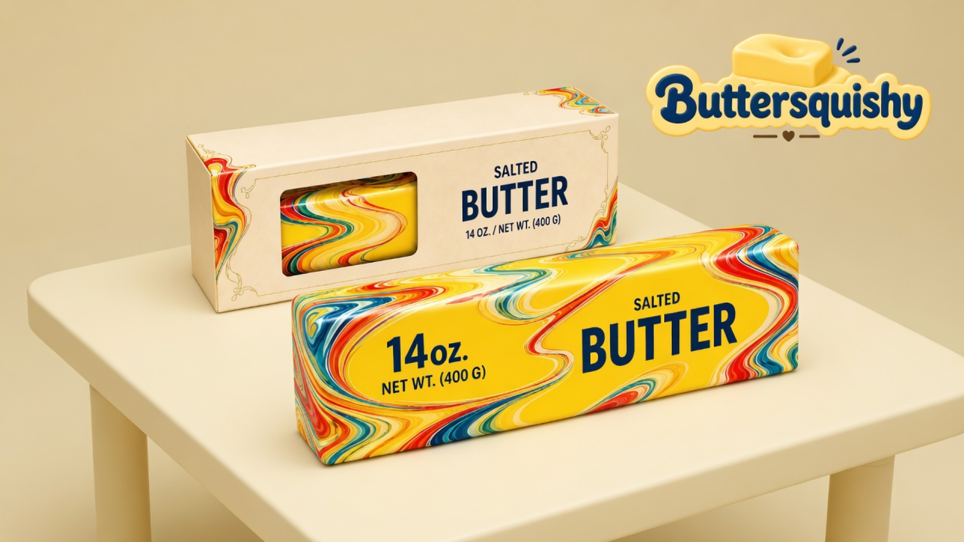 Yellow Jumbo Swirl Loaf 14oz salted-butter stick with rainbow marble ends and a cream window box on a light-yellow cream table, Buttersquishy logo in the upper right