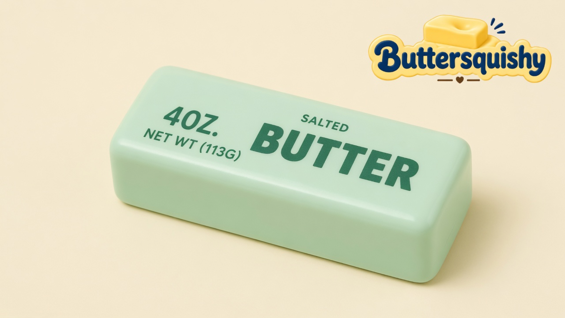 One pale mint-green Mint Butter Stick printed 4OZ. NET WT (113G) and SALTED BUTTER on a light-yellow cream studio, Buttersquishy logo in the upper right