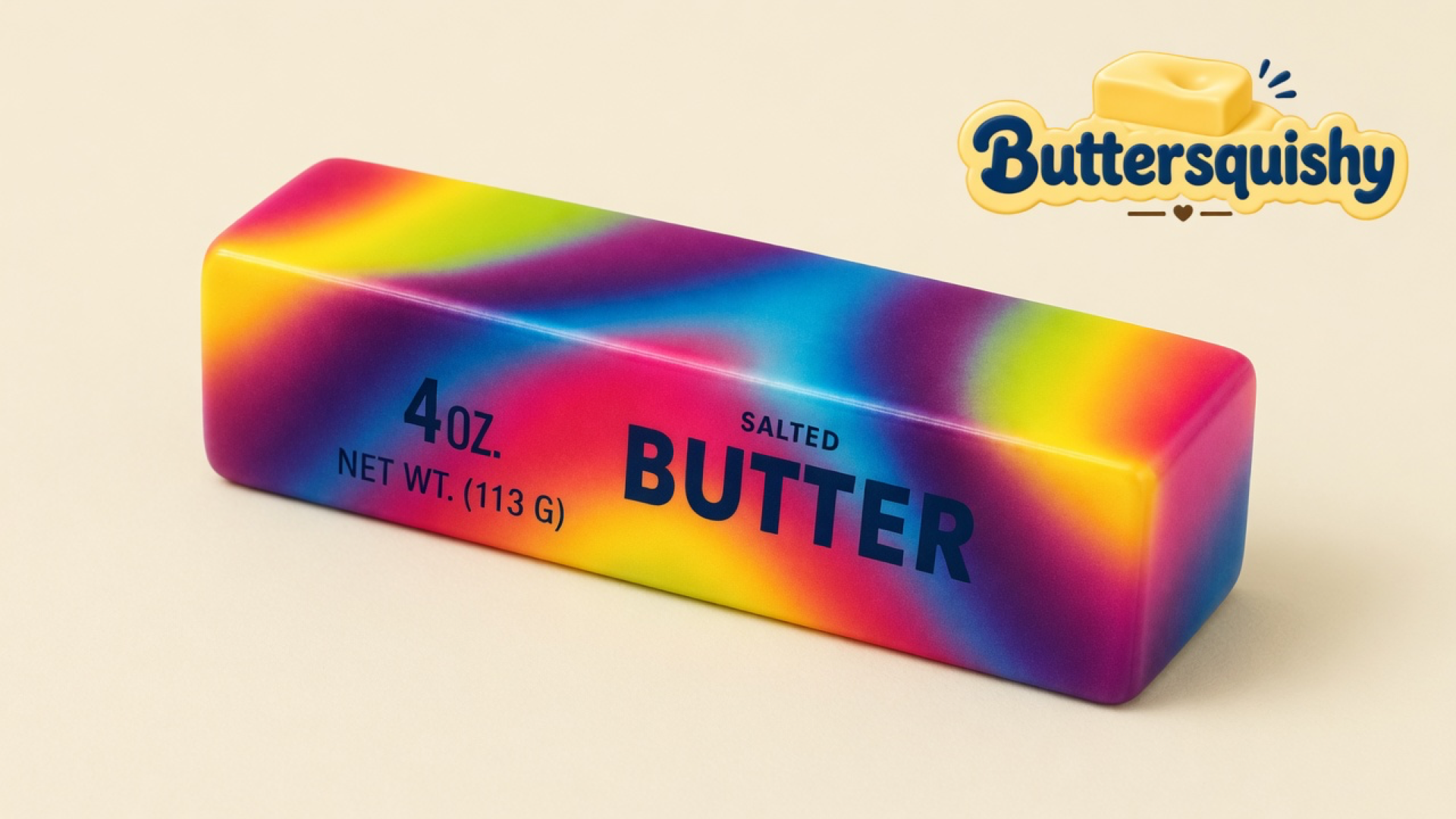 One Neon Swirl Butter stick with a blended pink-yellow-blue-purple swirl and navy SALTED BUTTER print on a light-yellow cream studio background, Buttersquishy logo in the upper right