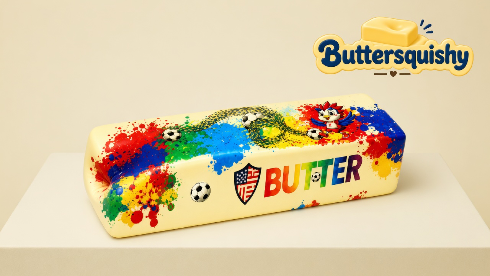 Cream Splash Marble Butter loaf with red-blue-yellow-green paint splatters, soccer balls, a parrot mascot, a flag shield, and rainbow BUTTER type on a light-yellow cream studio, Buttersquishy logo in the upper right