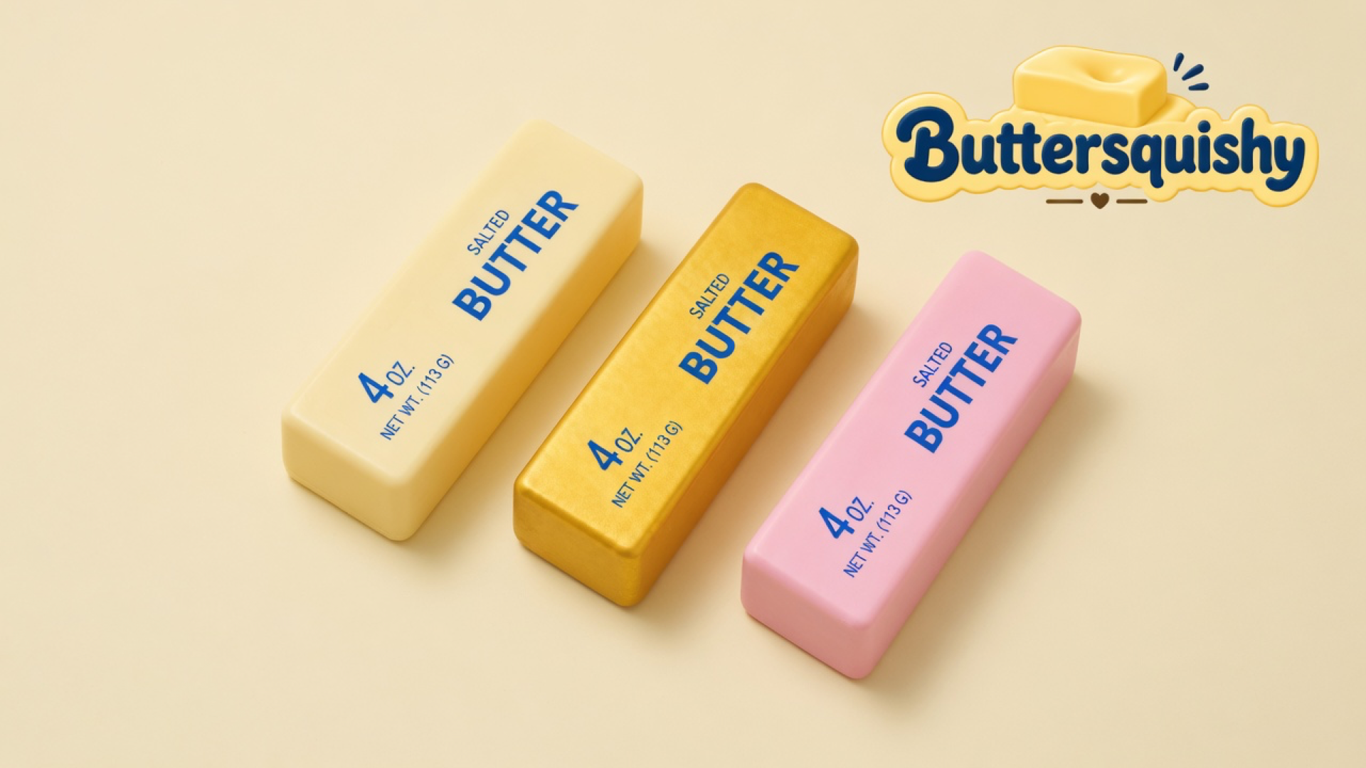 Three Sunset Trio Butter sticks in cream, gold, and pink with navy SALTED BUTTER print on a light-yellow cream studio background, Buttersquishy logo in the upper right