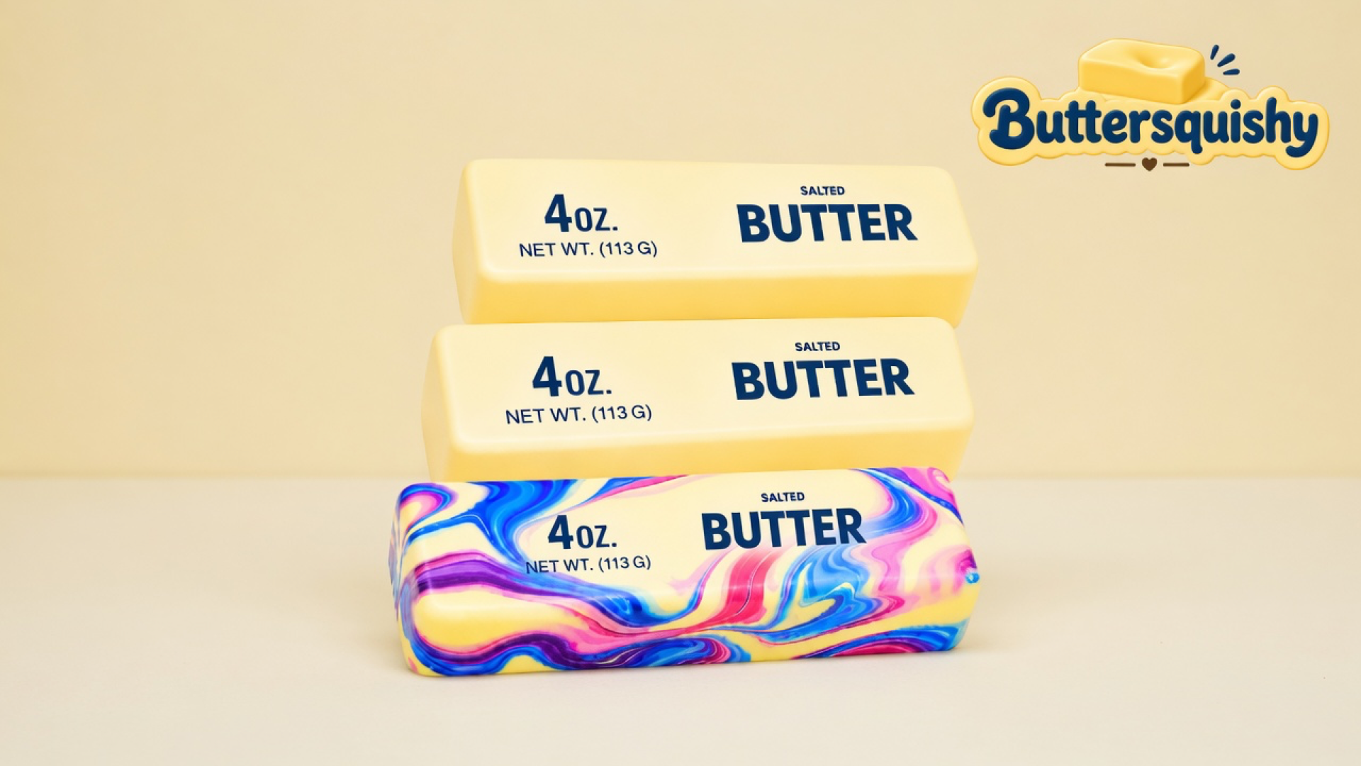 Two pale-yellow salted-butter sticks stacked above one pink-blue-purple marble swirl loaf on a light-yellow cream studio, Buttersquishy logo in the upper right