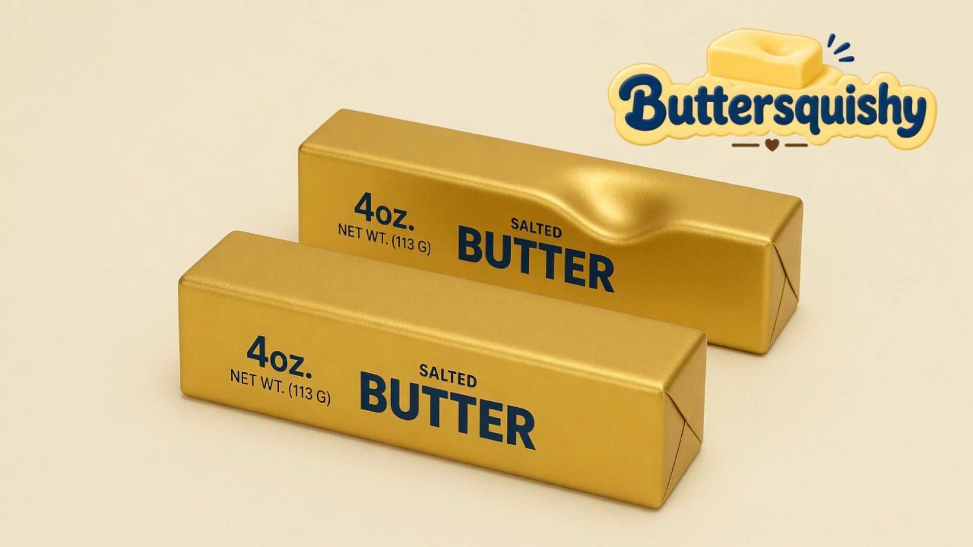 Two gold-foil Golden Butter Stick loaves printed 4oz. NET WT. (113 G) SALTED BUTTER on a light-yellow cream studio, rear stick showing a thumb dent, Buttersquishy logo in the upper right