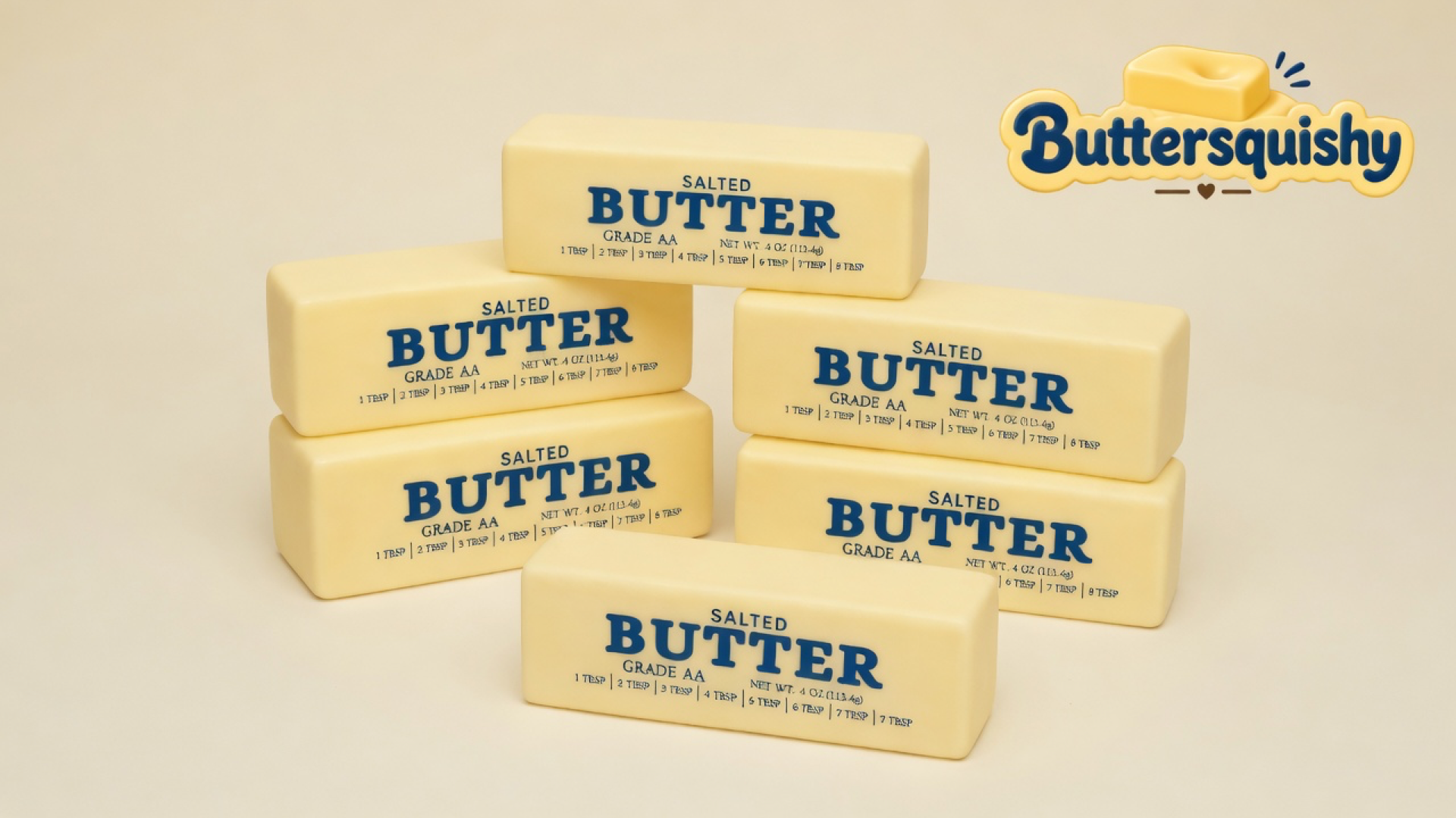 Six pale-yellow Jumbo Butter Loaf sticks printed SALTED BUTTER GRADE AA on a light-yellow cream studio, Buttersquishy logo in the upper right