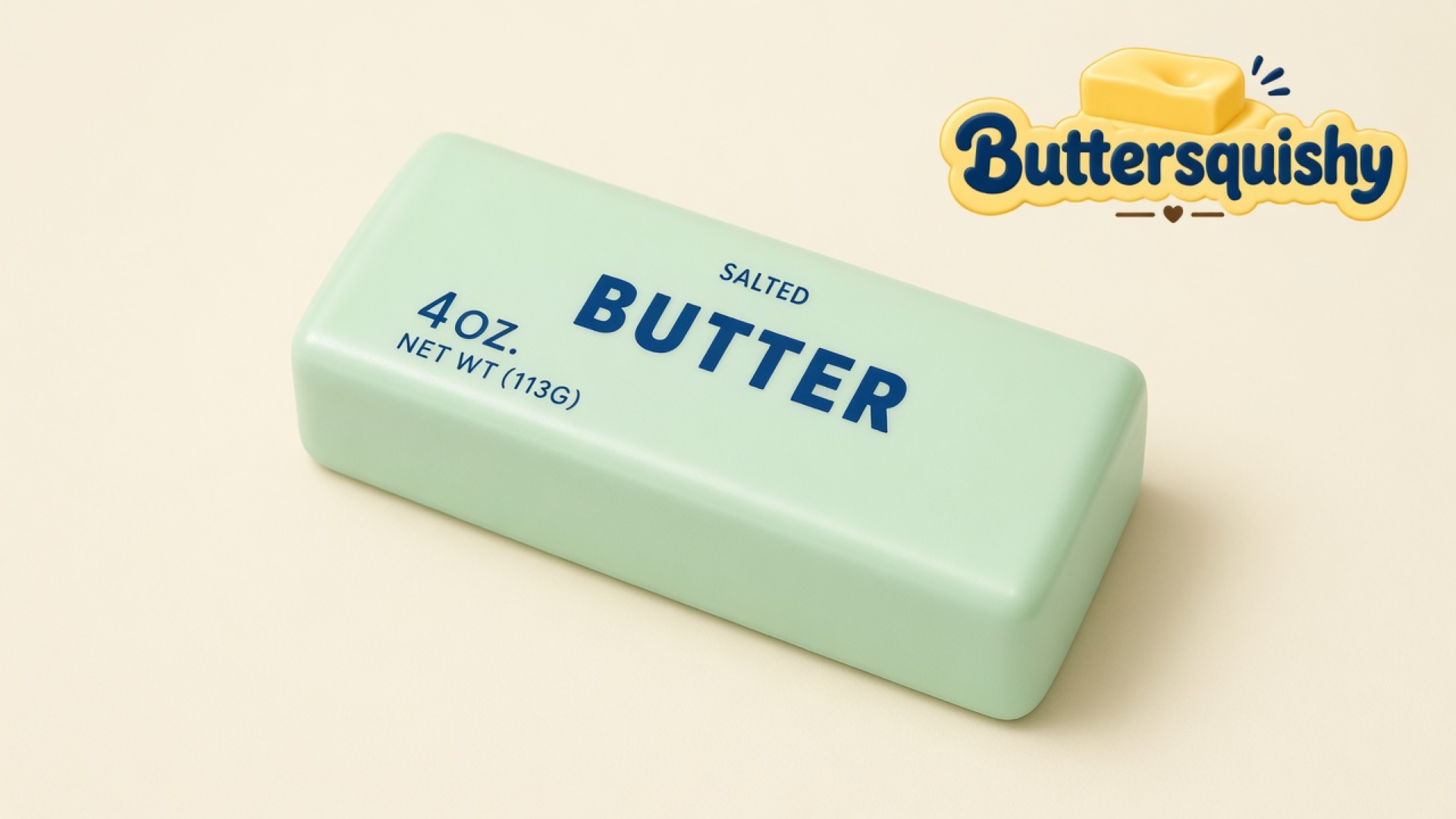 One pale mint-green Mint Lemon Crunch Butter loaf printed SALTED BUTTER and 4 OZ. NET WT (113G) on a light-yellow cream studio, Buttersquishy logo in the upper right
