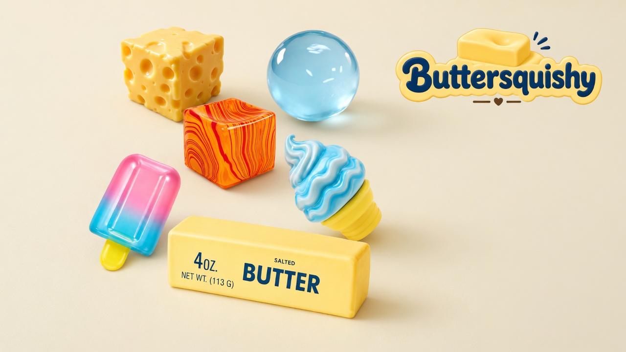 A Mixed Butter Pack still-life — yellow cheese cube, blue sphere, orange wood-grain cube, pink-to-cyan popsicle, blue swirl cone, and a pale loaf printed SALTED BUTTER — on a light-yellow cream studio, Buttersquishy logo in the upper right