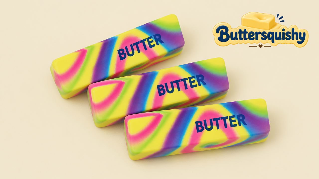 Three neon-yellow butter sticks with magenta, lime, purple, and blue swirls, each printed BUTTER, on a light-yellow cream studio, Buttersquishy logo in the upper right