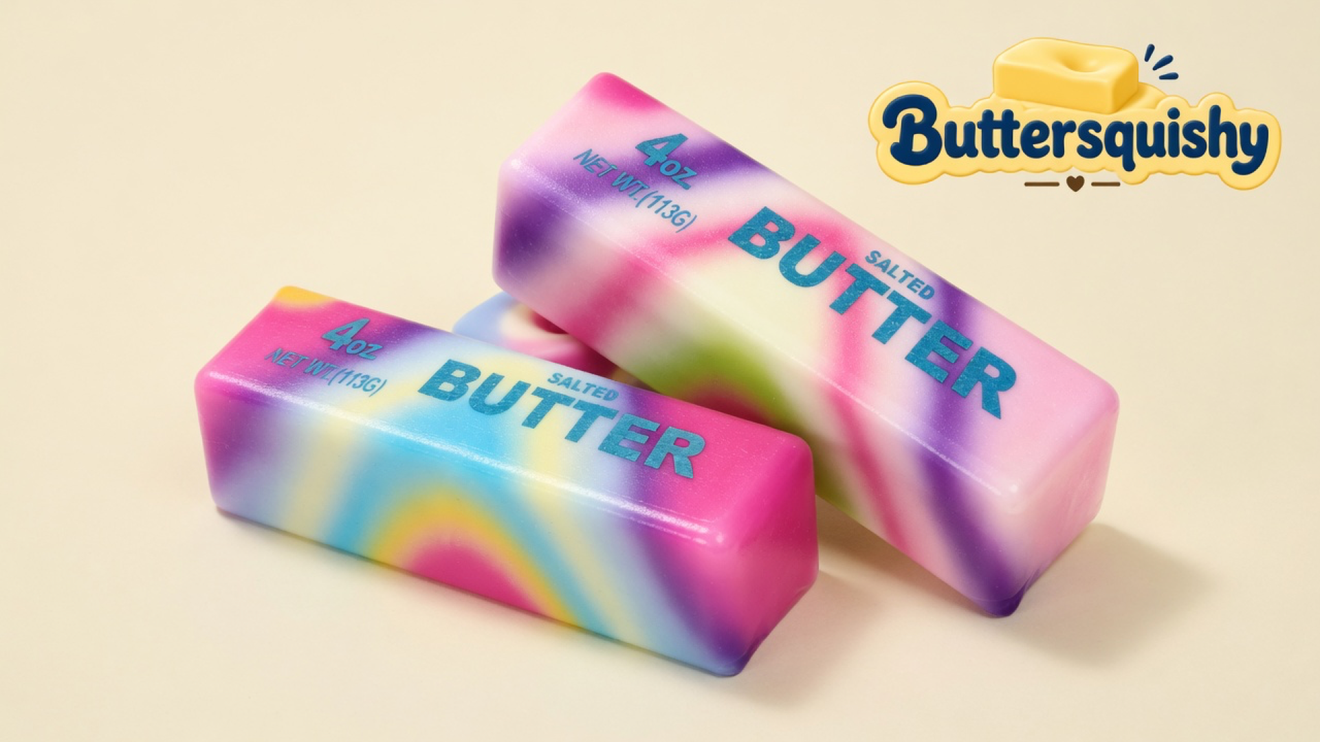 Two pink-blue-purple-yellow tie-dye butter sticks printed 4oz NET WT.(113G) and SALTED BUTTER on a light-yellow cream studio, Buttersquishy logo in the upper right